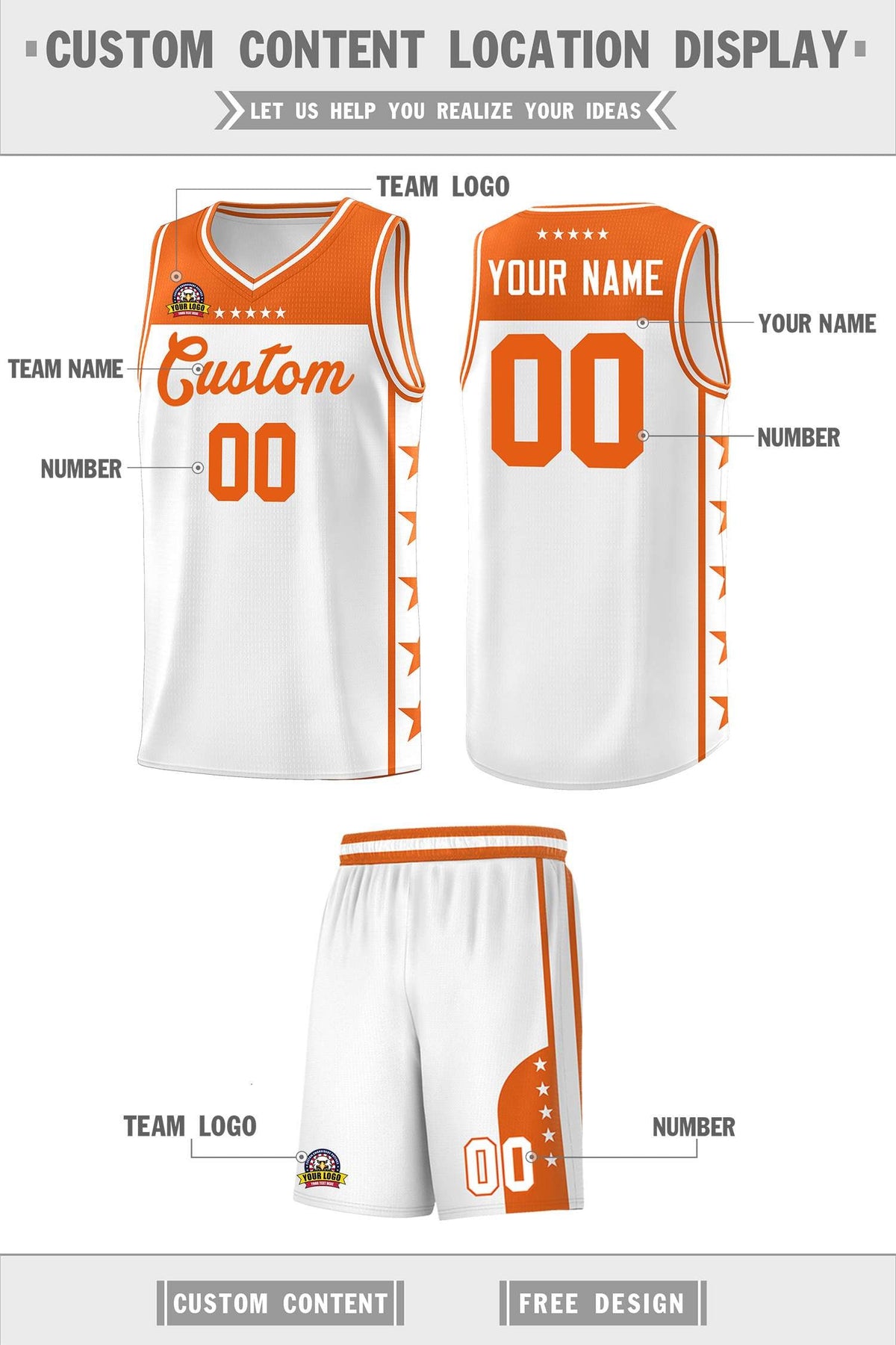 Custom White Orange Color Block Sets Sports Uniform Basketball Jersey