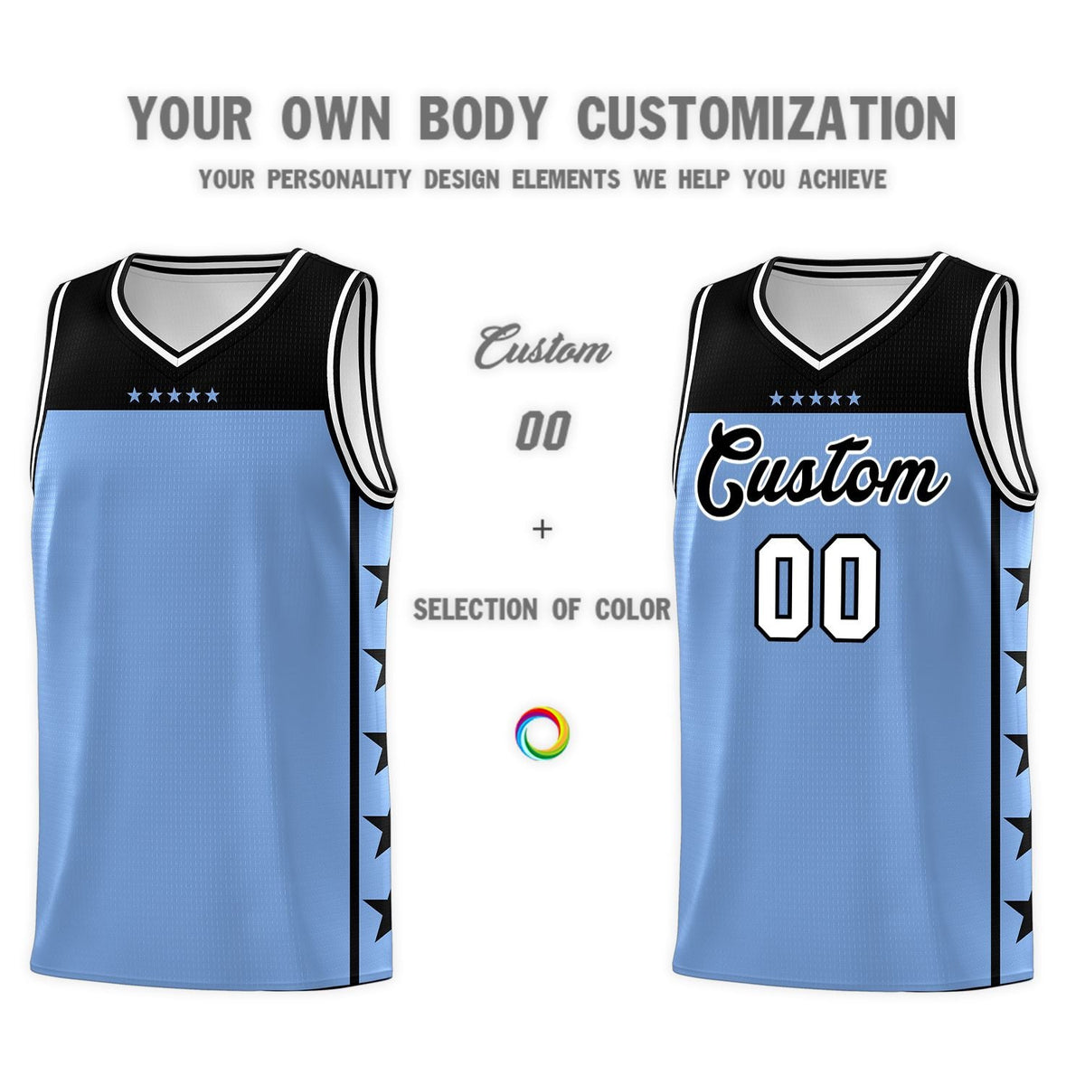 Custom Light Blue Black Color Block Sets Sports Uniform Basketball Jersey