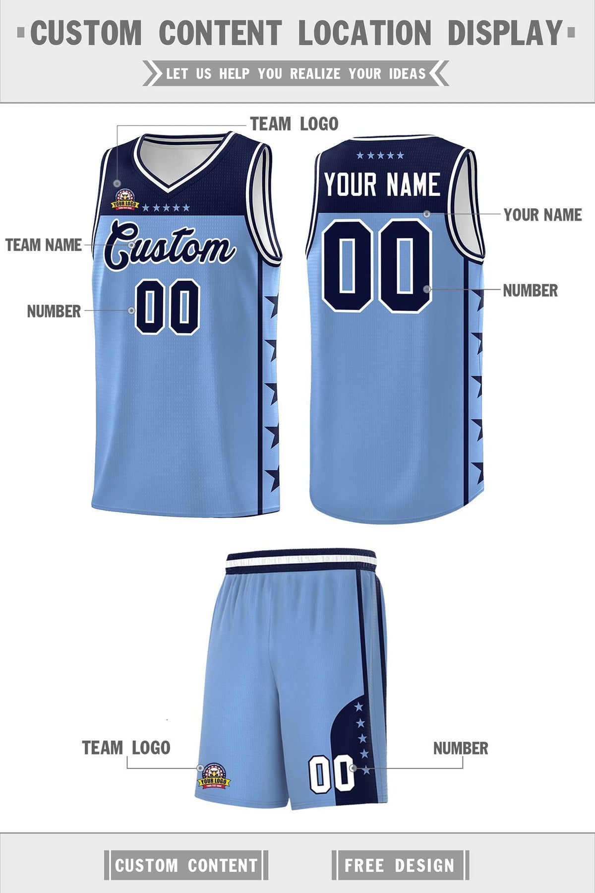 Custom Light Blue Navy Color Block Sets Sports Uniform Basketball Jersey