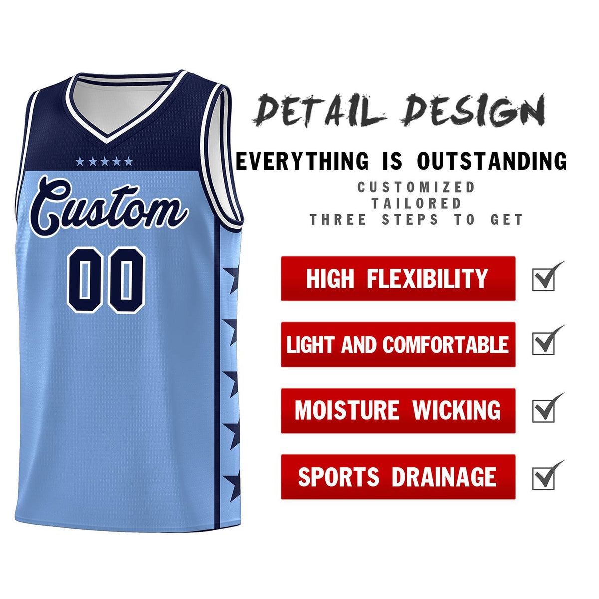 Custom Light Blue Navy Color Block Sets Sports Uniform Basketball Jersey