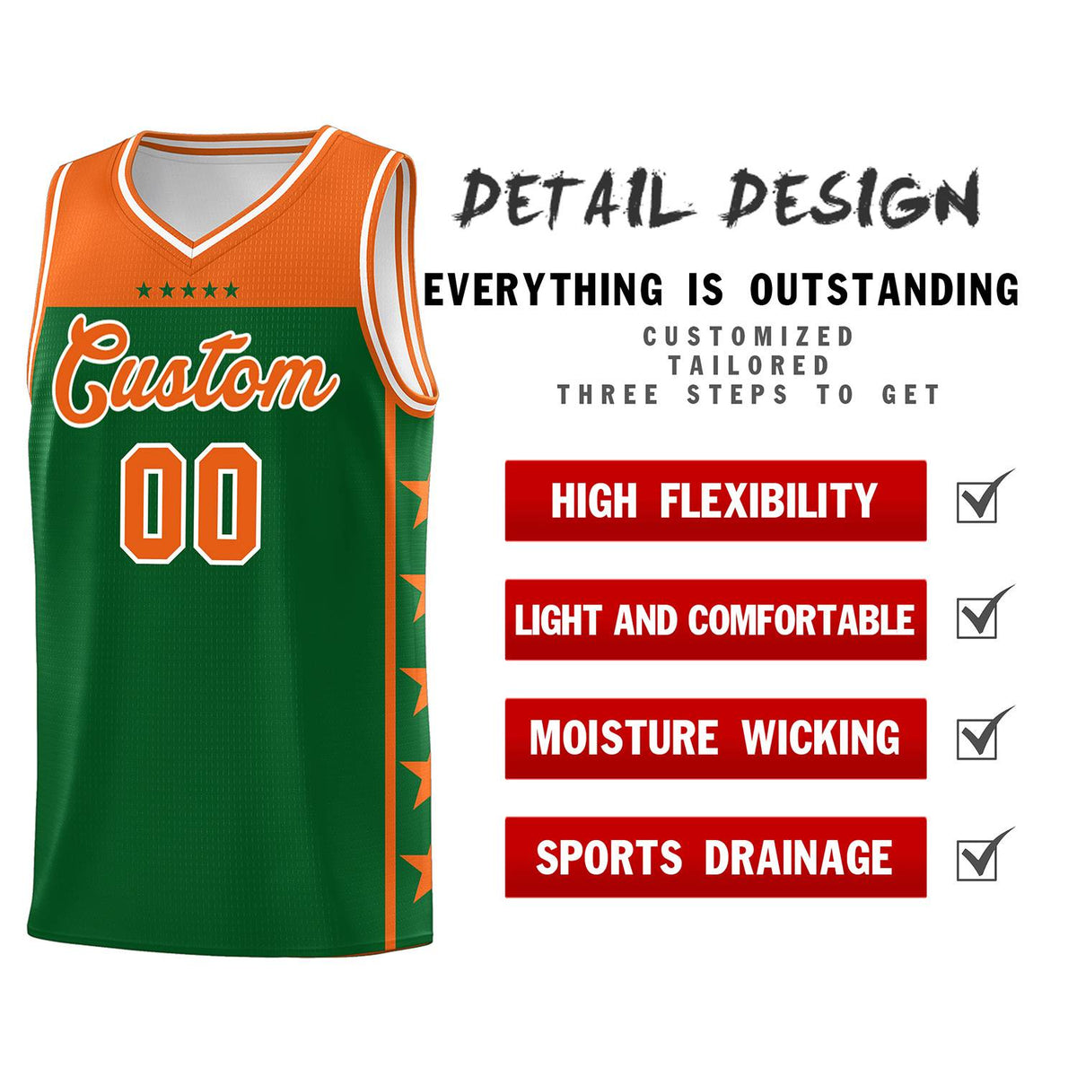 Custom Kelly Green Orange Color Block Sets Sports Uniform Basketball Jersey