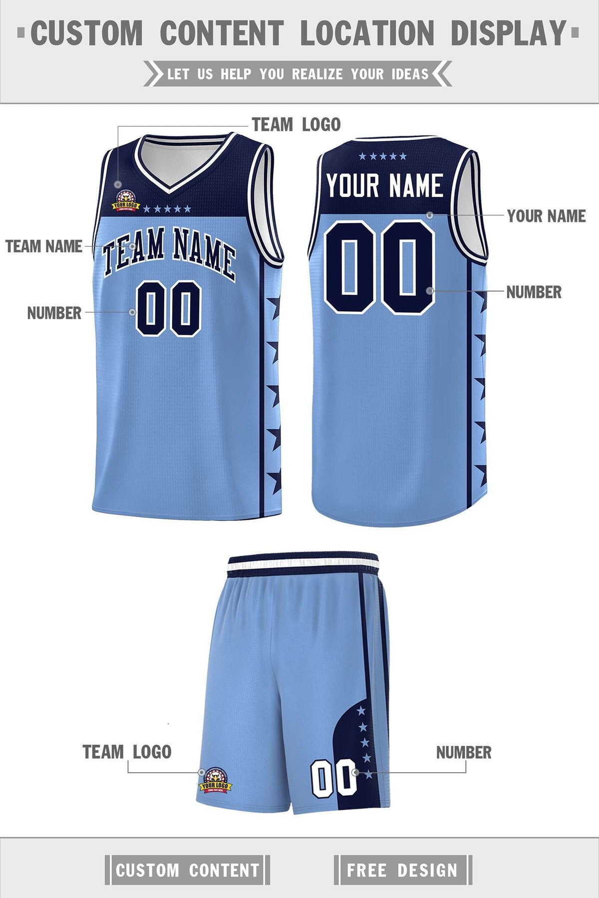 Custom Light Blue Navy Color Block Sets Sports Uniform Basketball Jersey