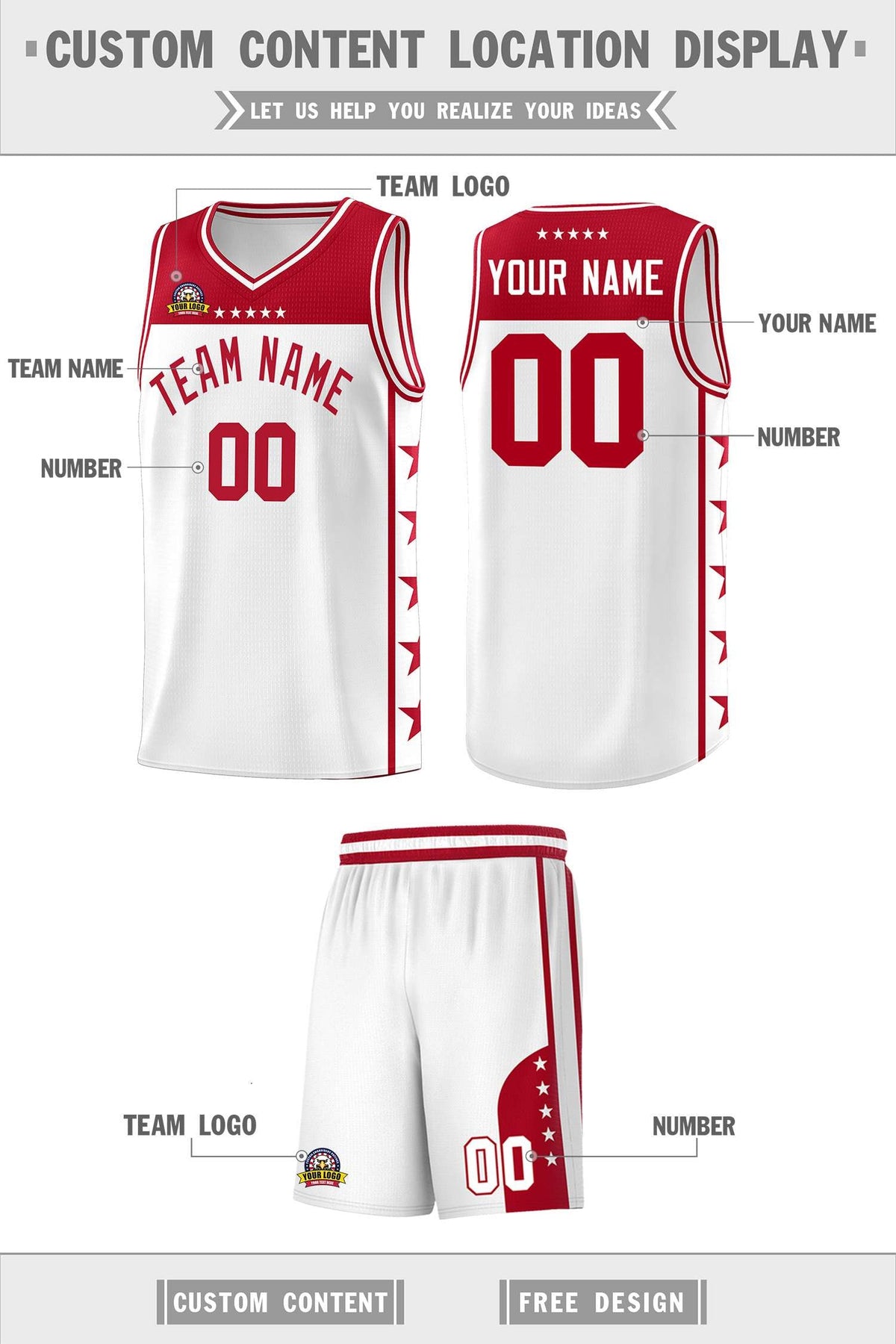 Custom White Red Color Block Sets Sports Uniform Basketball Jersey
