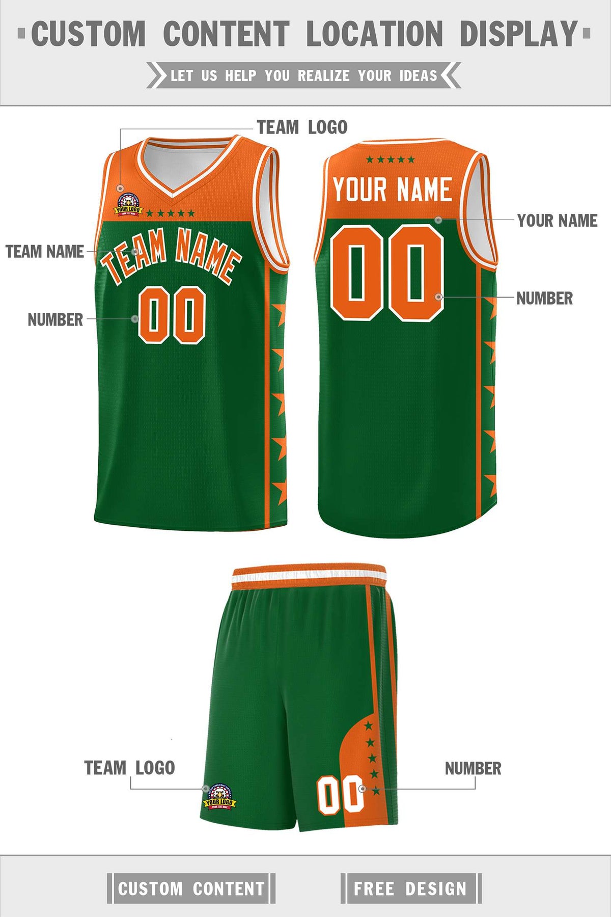 Custom Kelly Green Orange Color Block Sets Sports Uniform Basketball Jersey