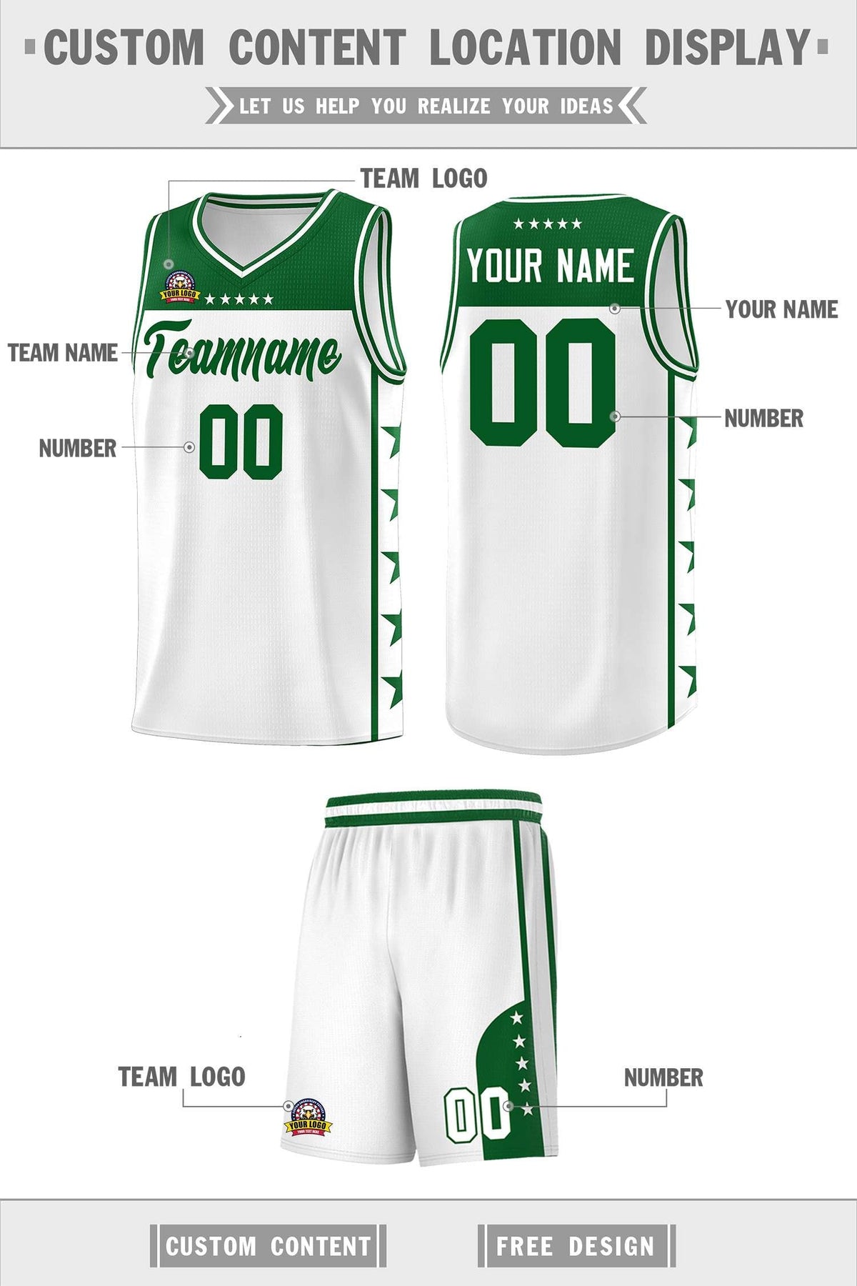 Custom White Kelly Green Color Block Sets Sports Uniform Basketball Jersey