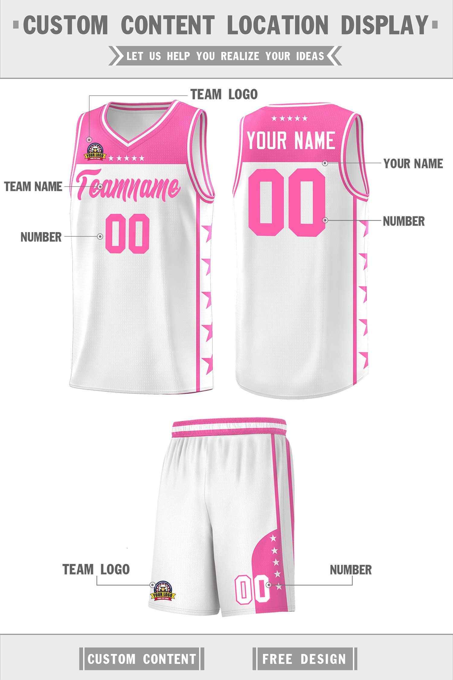 Custom White Pink Color Block Sets Sports Uniform Basketball Jersey