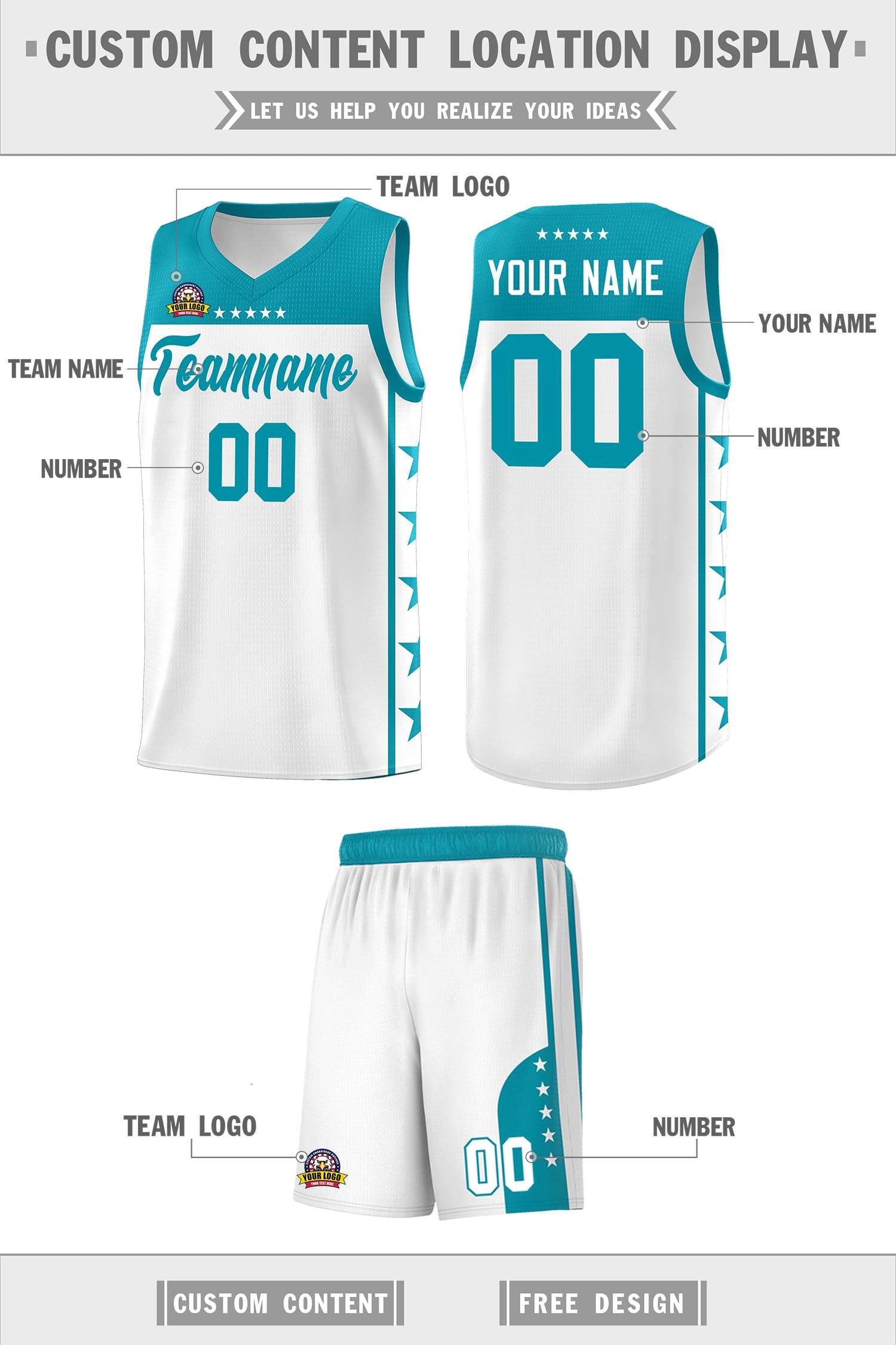 Custom White Aqua Color Block Sets Sports Uniform Basketball Jersey