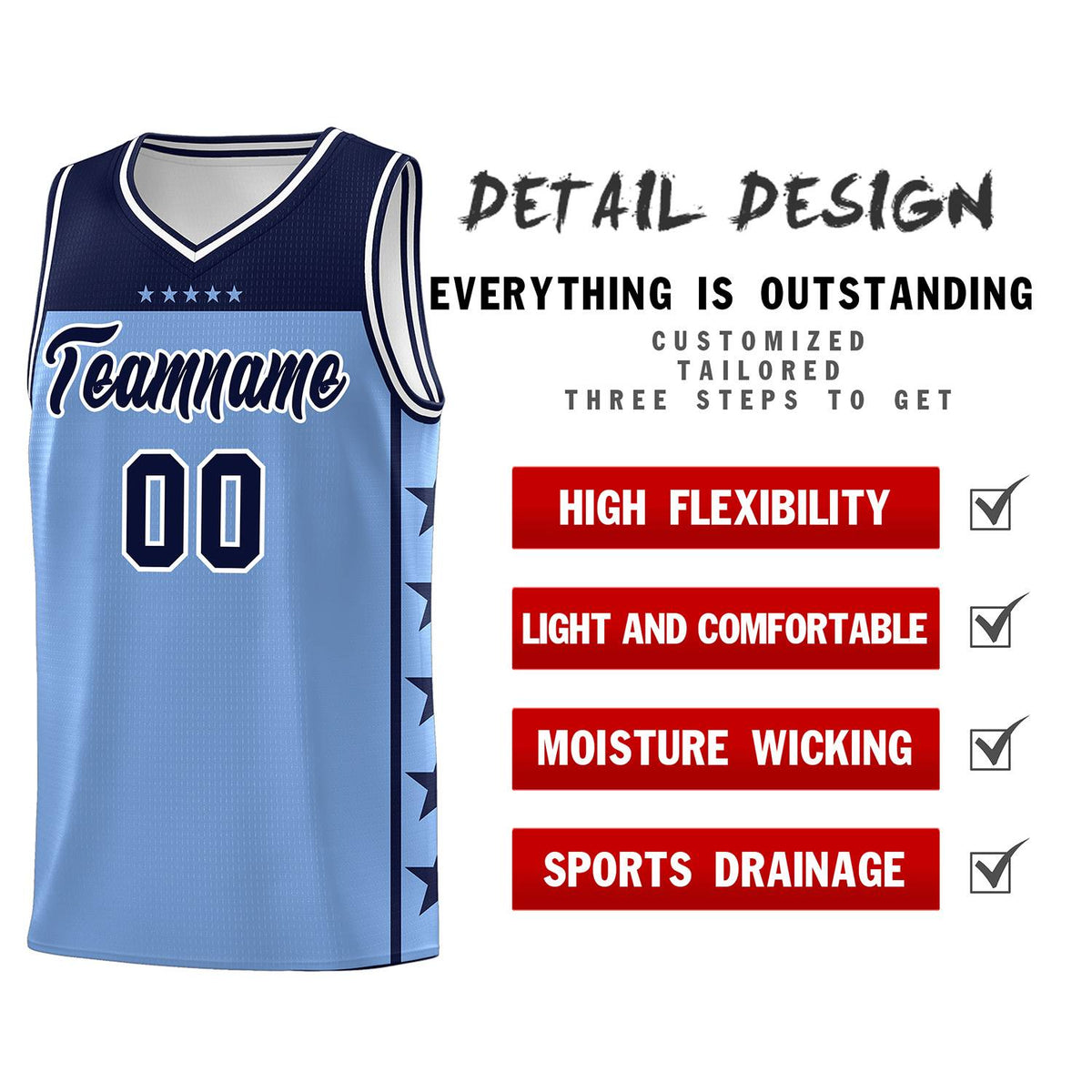 Custom Light Blue Navy Color Block Sets Sports Uniform Basketball Jersey