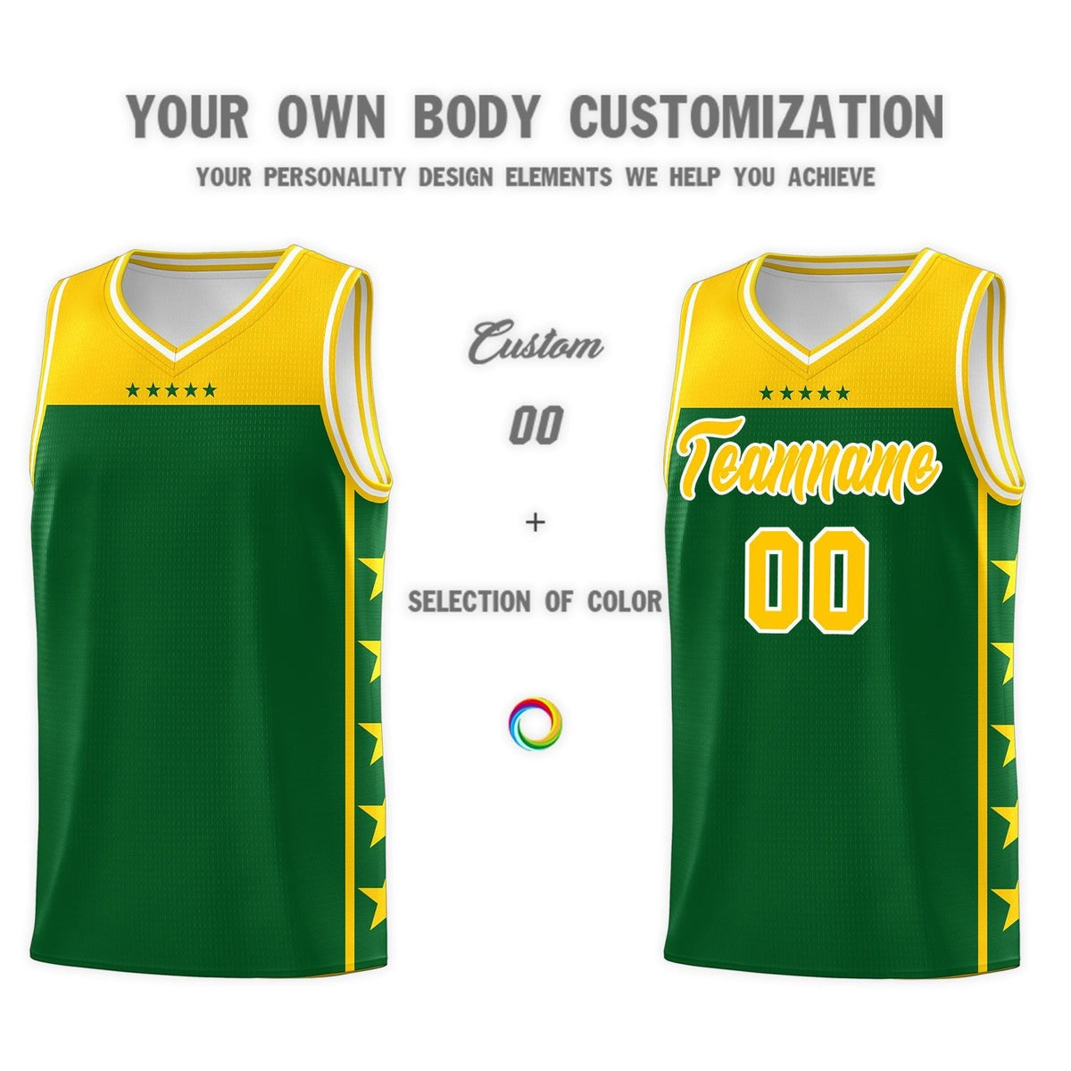 Custom Kelly Green Yellow Color Block Sets Sports Uniform Basketball Jersey