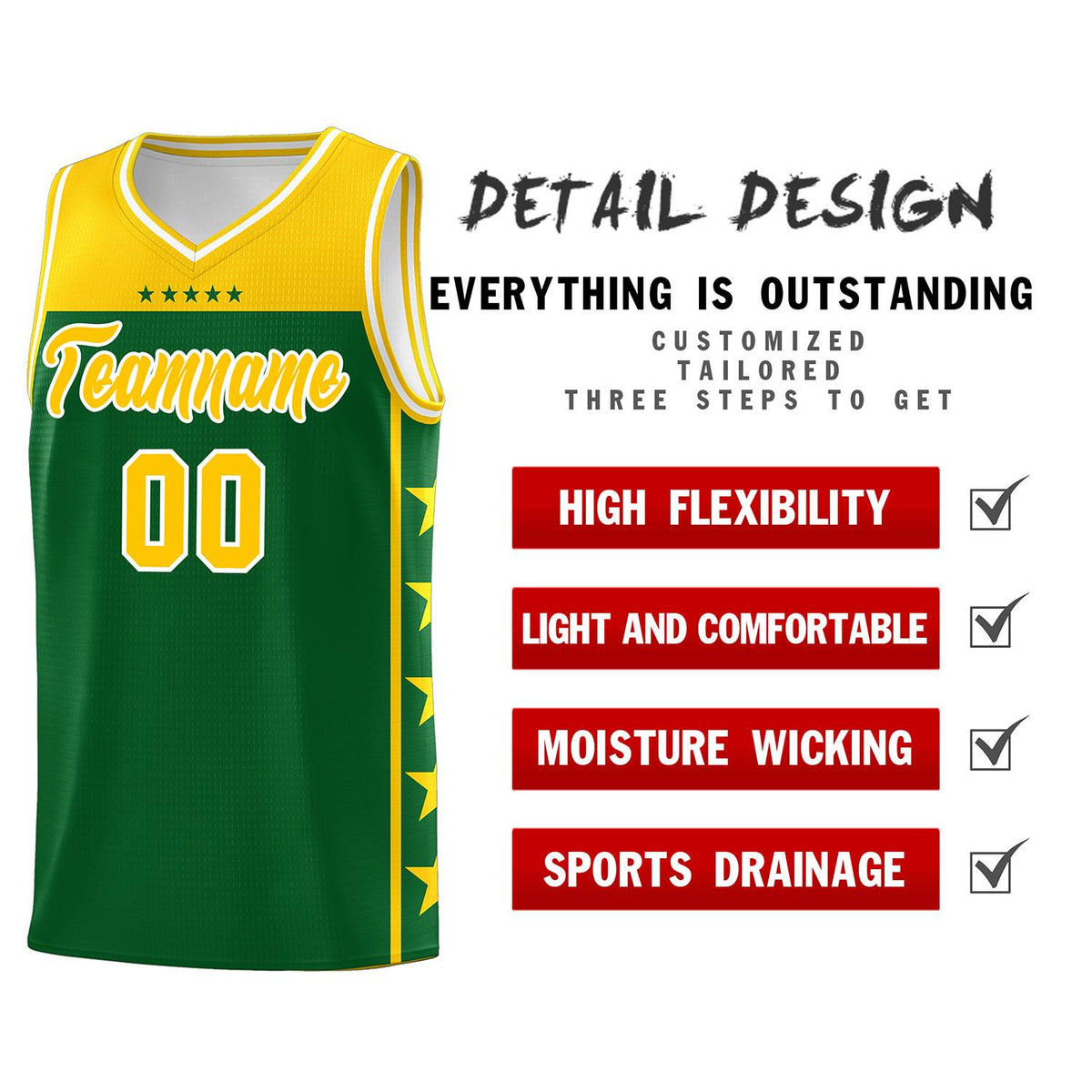Custom Kelly Green Yellow Color Block Sets Sports Uniform Basketball Jersey
