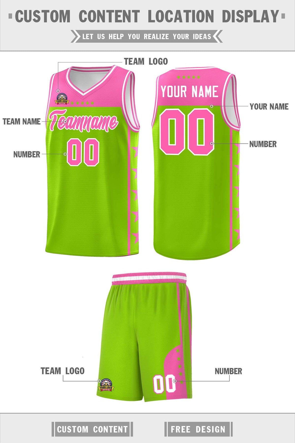 Custom Neon Green Pink Color Block Sets Sports Uniform Basketball Jersey