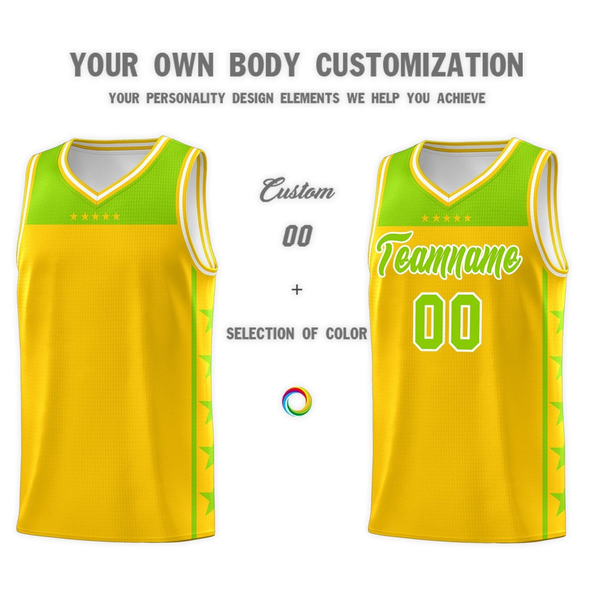 Custom Gold Neon Green Color Block Sets Sports Uniform Basketball Jersey