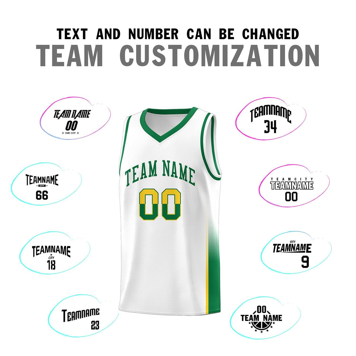 Custom White Gold-Kelly Green Personalized Two Tone Font Sports Uniform Basketball Jersey