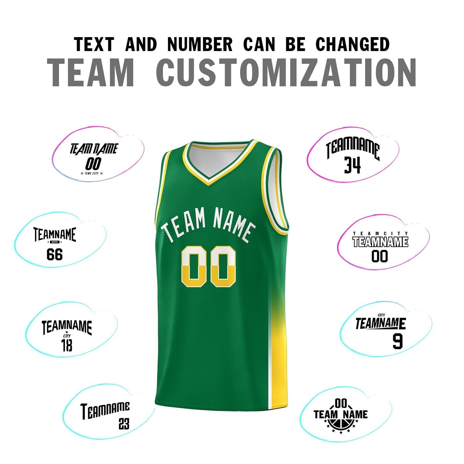 Custom Kelly Green White-Gold Personalized Two Tone Font Sports Uniform Basketball Jersey