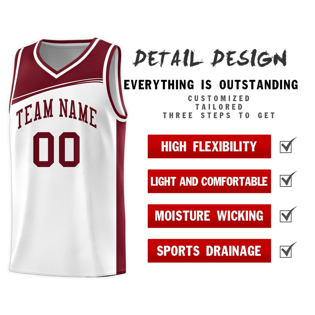 Custom White Crimson Color Block Sports Uniform Basketball Jersey