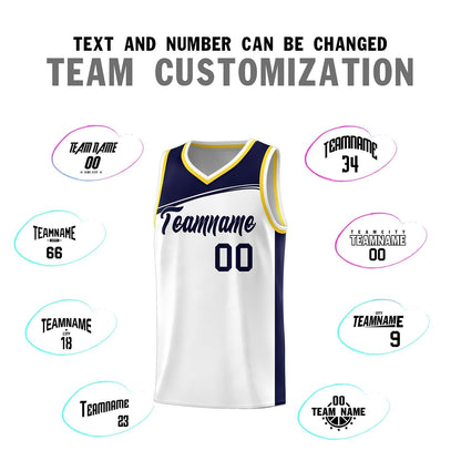 Custom White Navy-Black Color Block Sports Uniform Basketball Jersey