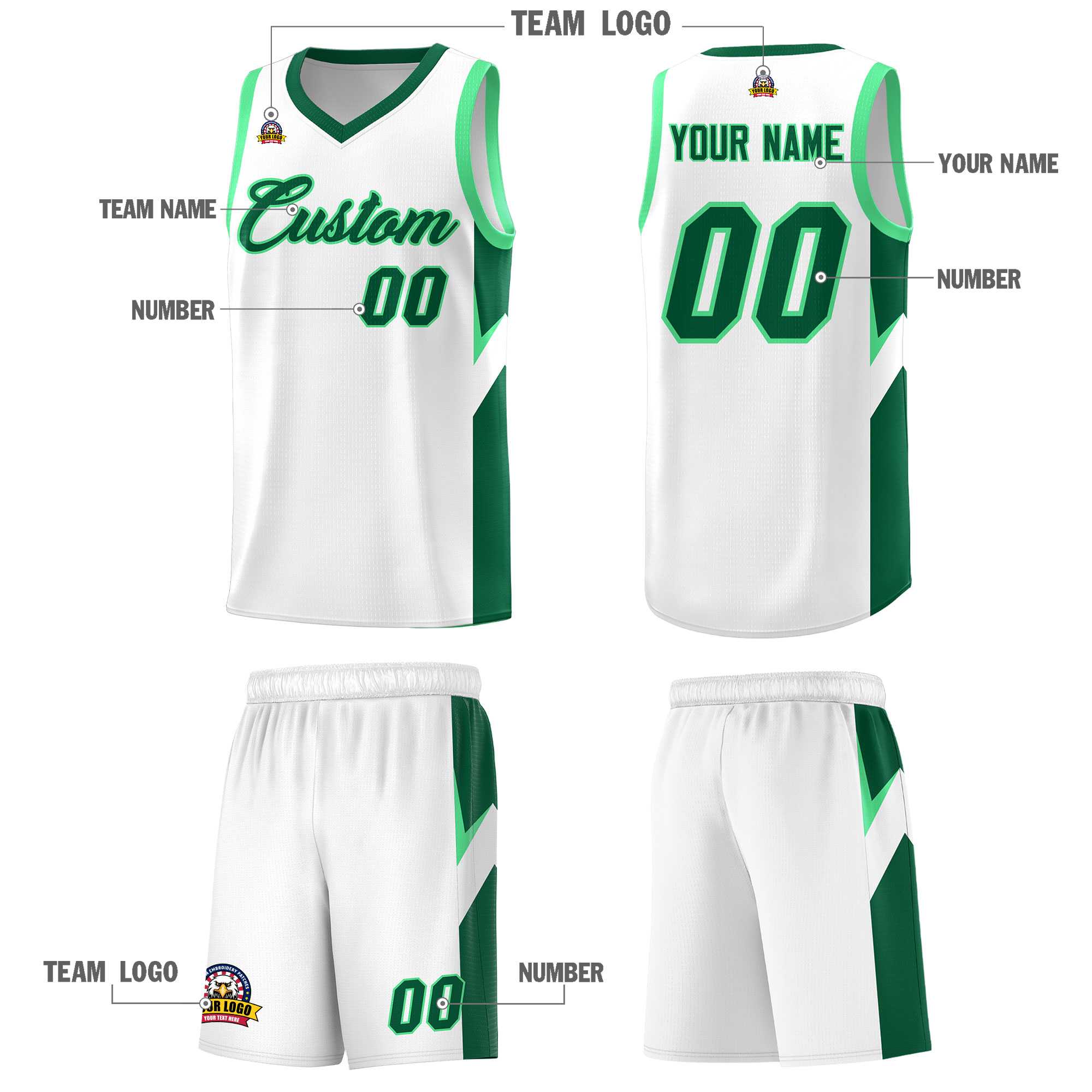 Custom White Kelly Green Side Design Sets Sports Uniform Basketball Jersey