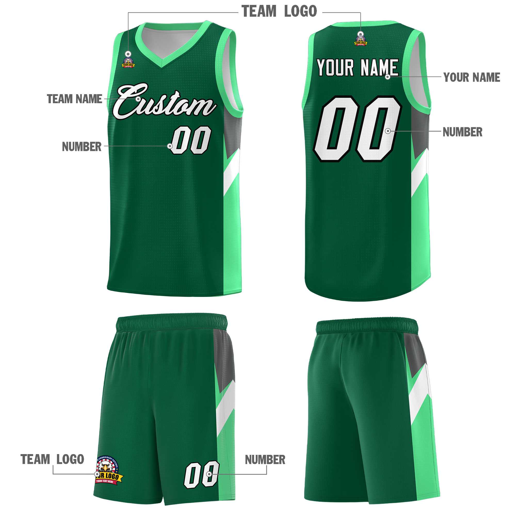 Custom Kelly Green Bright Green Side Design Sets Sports Uniform Basketball Jersey