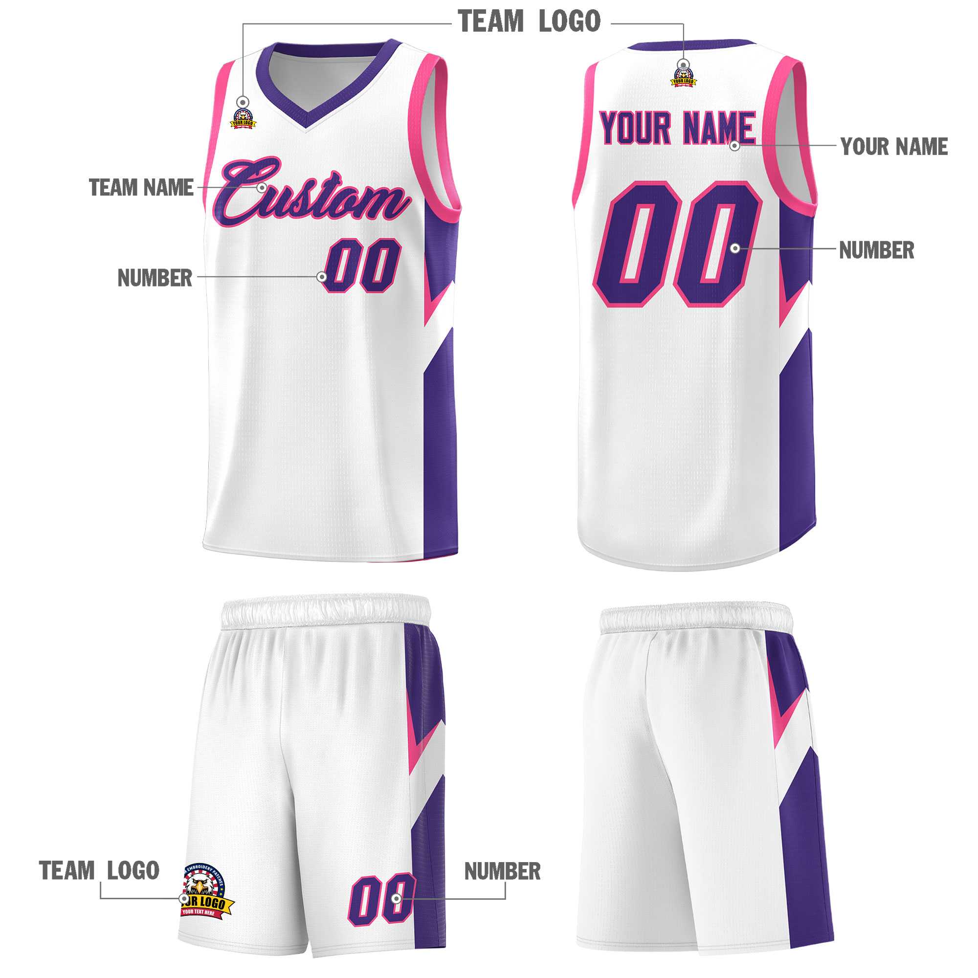 Custom White Purple Side Design Sets Sports Uniform Basketball Jersey