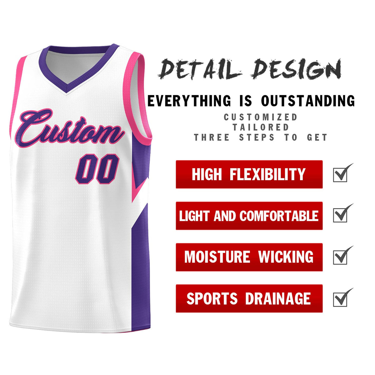 Custom White Purple Side Design Sets Sports Uniform Basketball Jersey