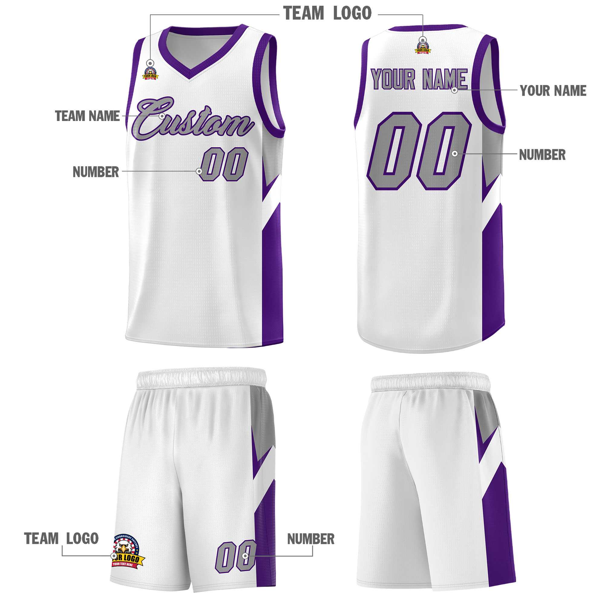 Custom White Purple Side Design Sets Sports Uniform Basketball Jersey