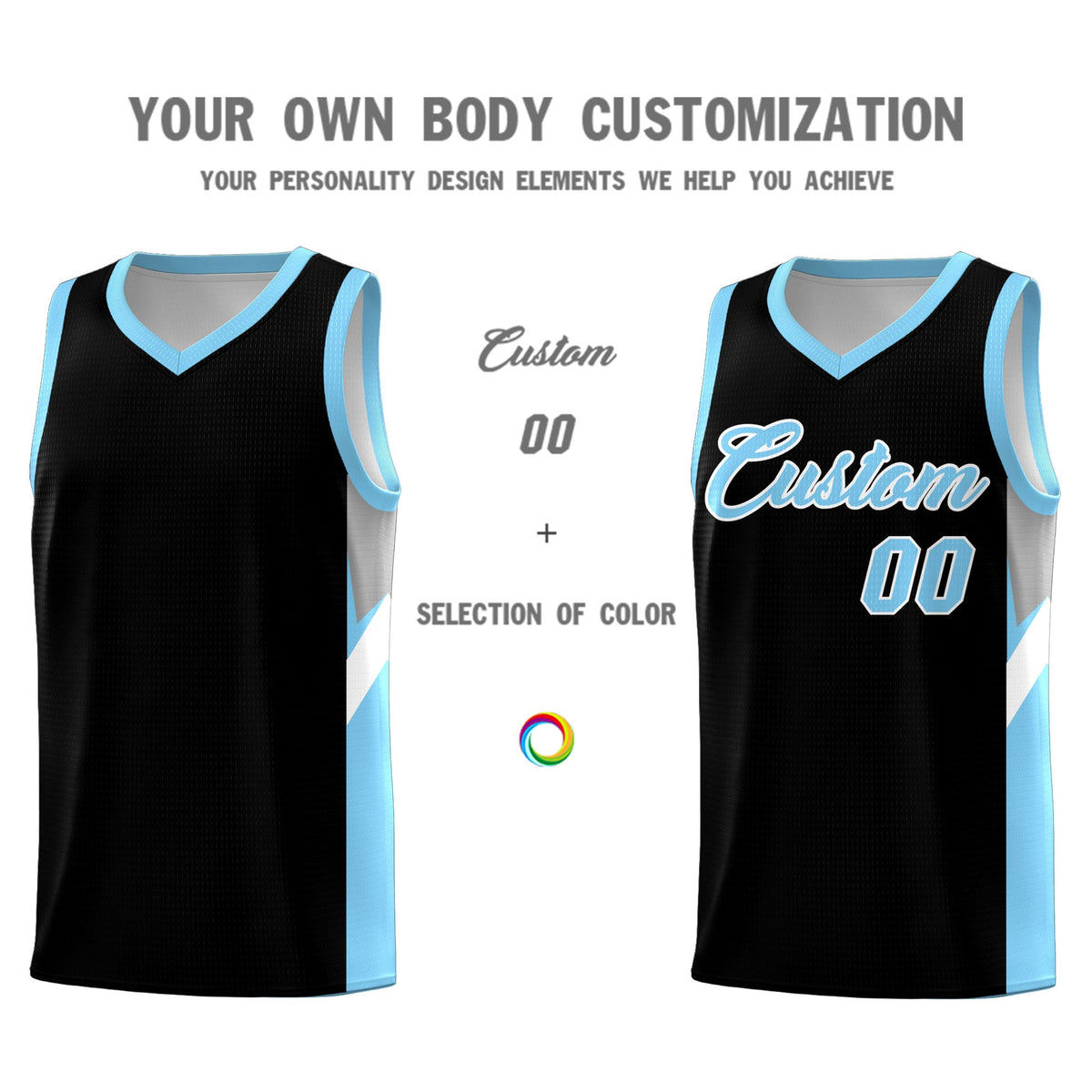 Custom Black Light Blue Side Design Sets Sports Uniform Basketball Jersey