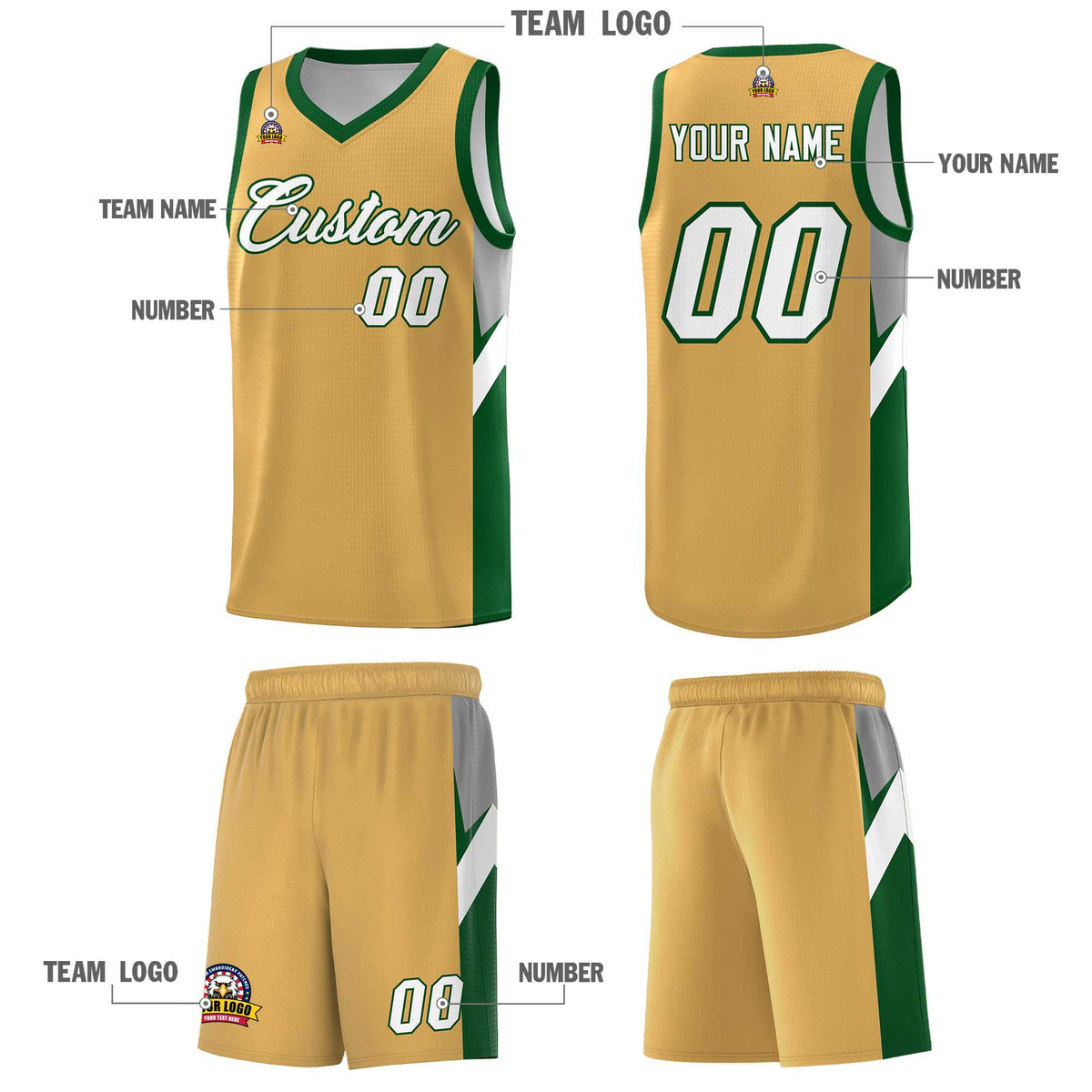 Custom Buckskin Brown Green Side Design Sets Sports Uniform Basketball Jersey