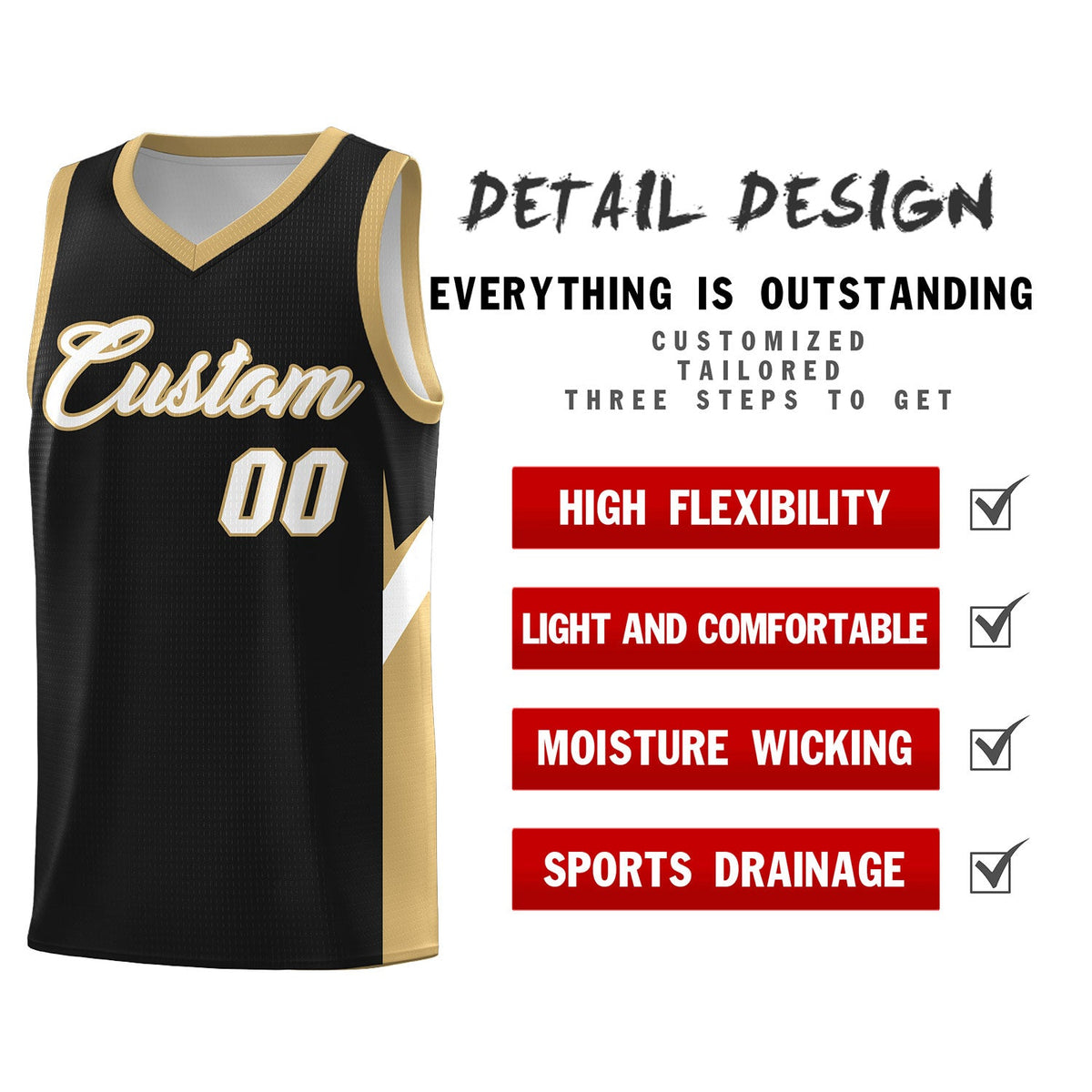 Custom Black Old Gold Side Design Sets Sports Uniform Basketball Jersey
