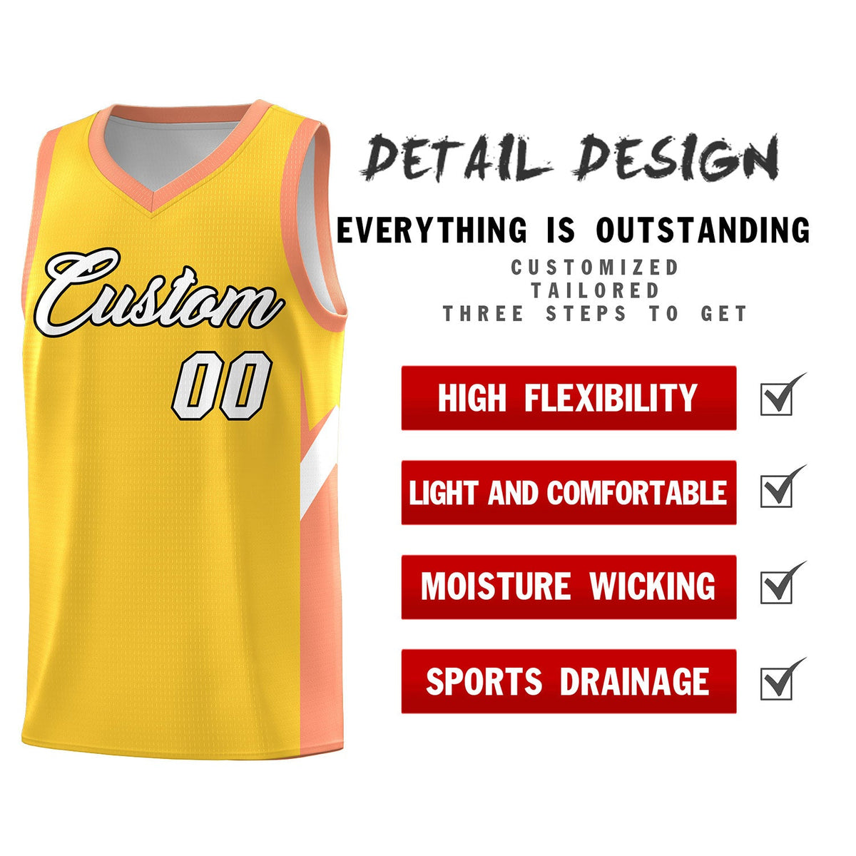Custom Gold Orange Side Design Sets Sports Uniform Basketball Jersey