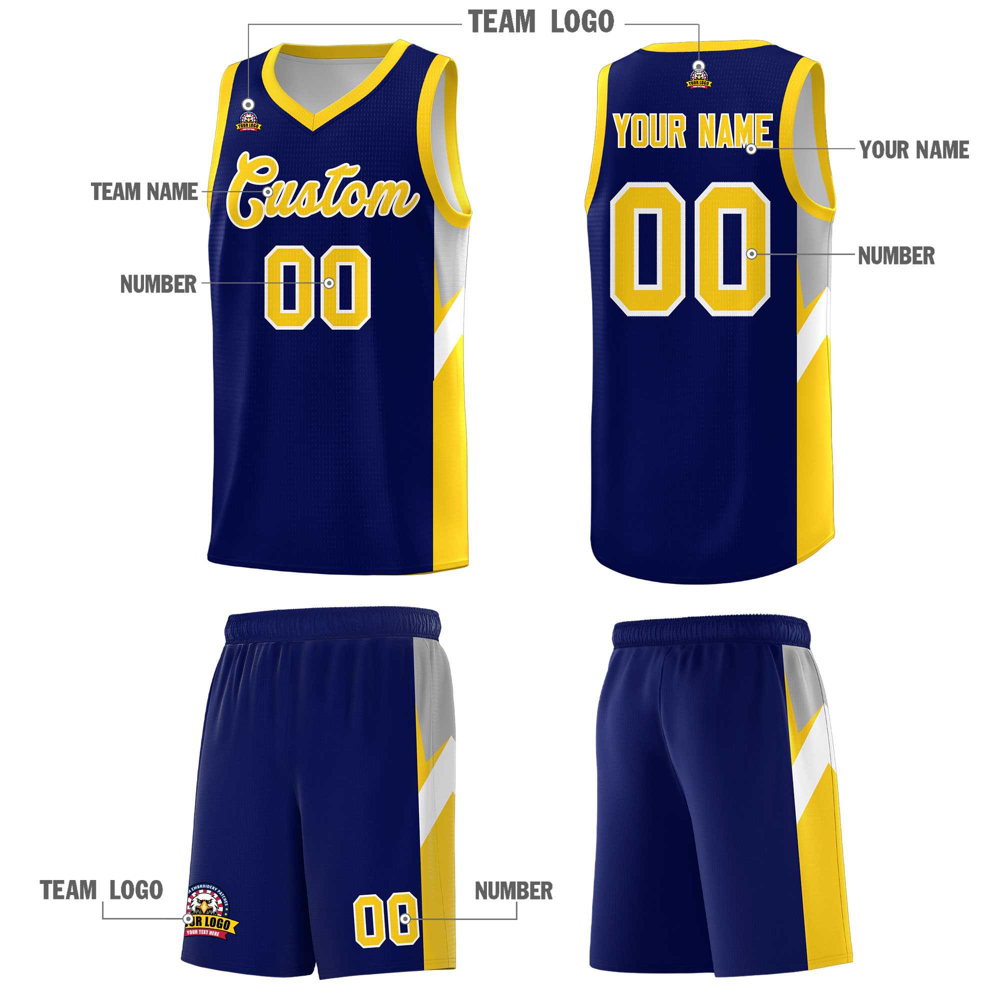 Custom Navy Gold Side Design Sets Sports Uniform Basketball Jersey