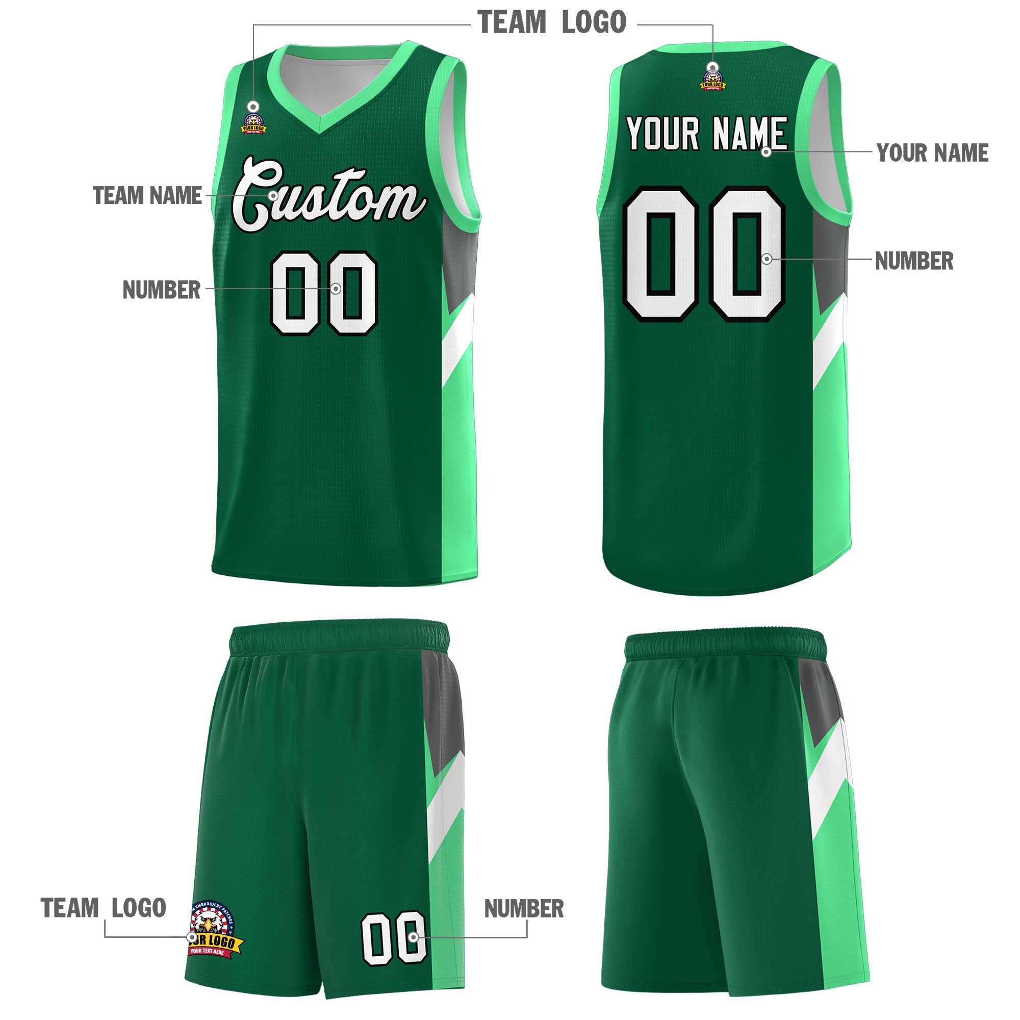 Custom Kelly Green Bright Green Side Design Sets Sports Uniform Basketball Jersey