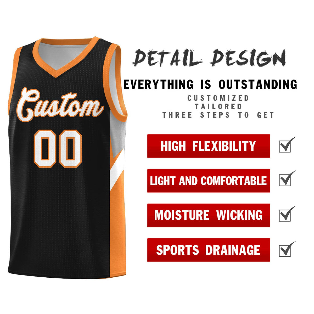 Custom Black Gold Orange Side Design Sets Sports Uniform Basketball Jersey