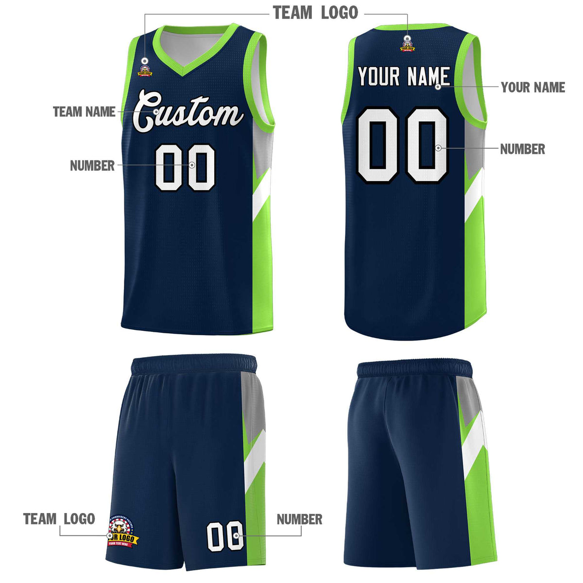 Custom Navy Neon Green Side Design Sets Sports Uniform Basketball Jersey