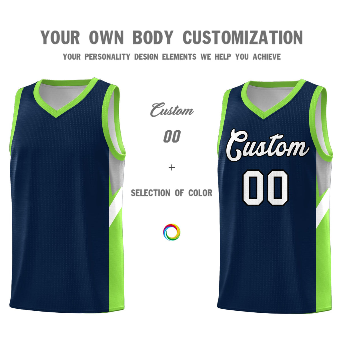 Custom Navy Neon Green Side Design Sets Sports Uniform Basketball Jersey
