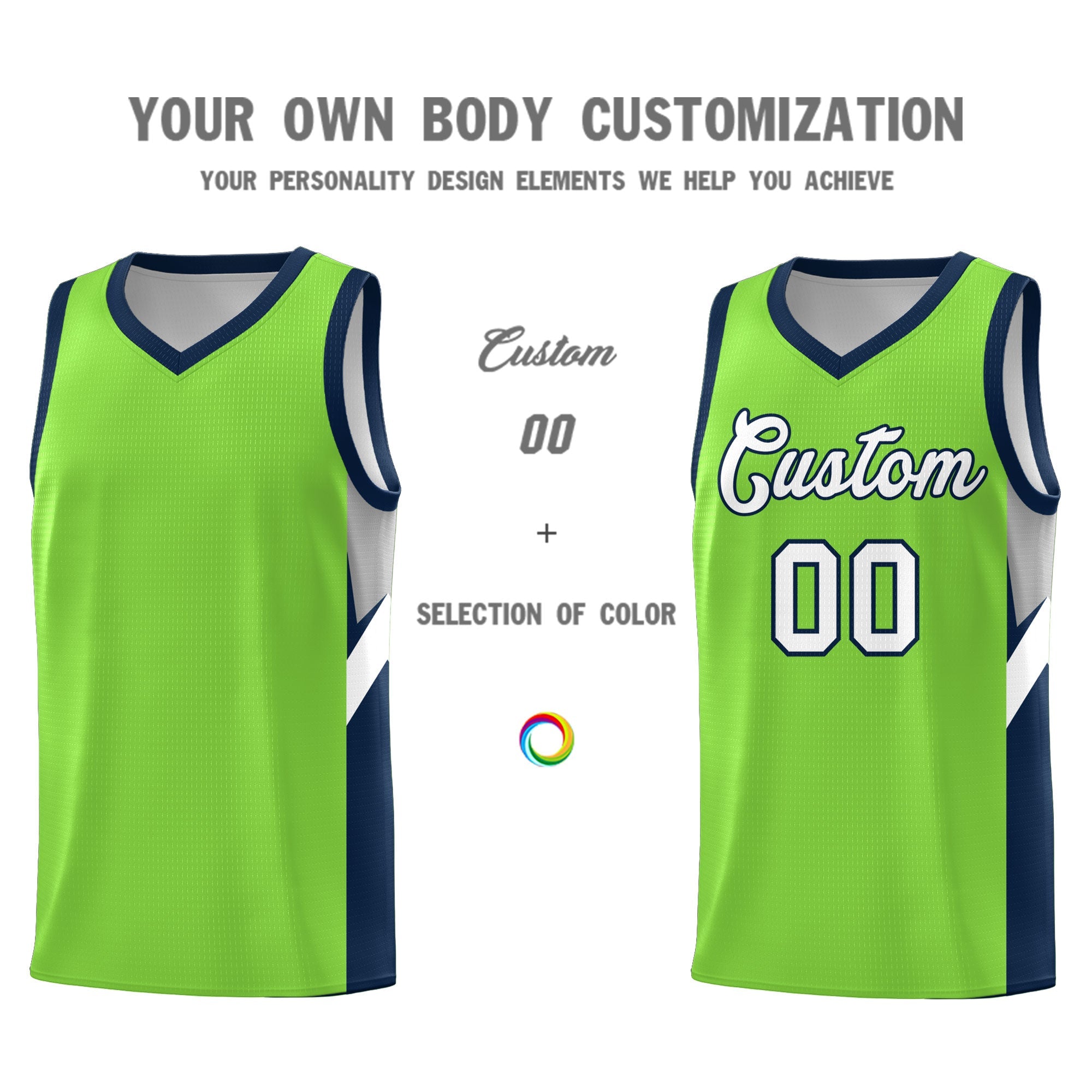 Custom Neon Green Navy Side Design Sets Sports Uniform Basketball Jersey