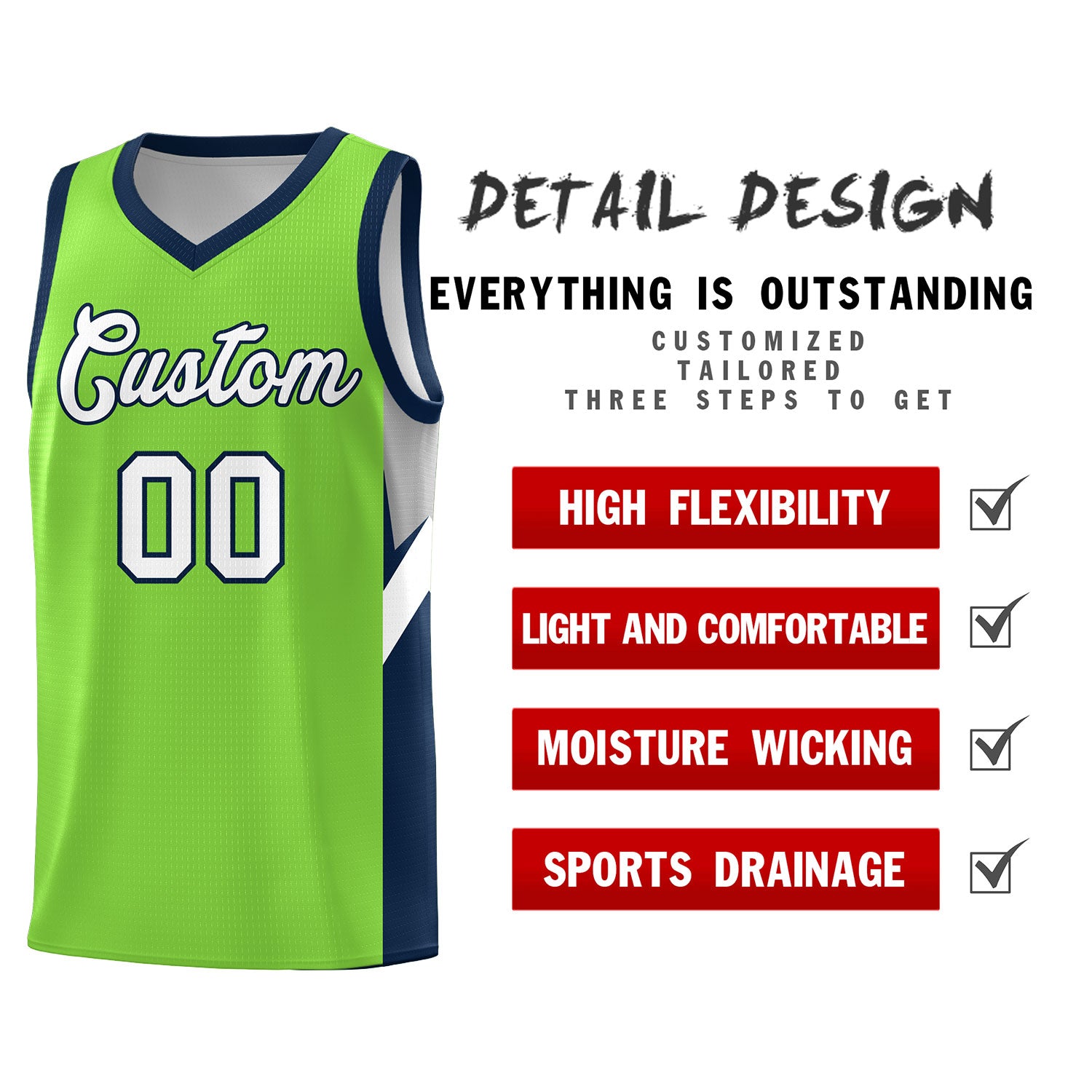 Custom Neon Green Navy Side Design Sets Sports Uniform Basketball Jersey