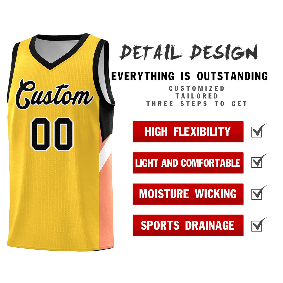 Custom Gold Black Side Design Sets Sports Uniform Basketball Jersey