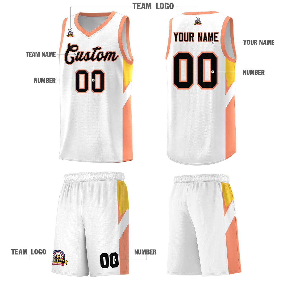 Custom White Orange Side Design Sets Sports Uniform Basketball Jersey