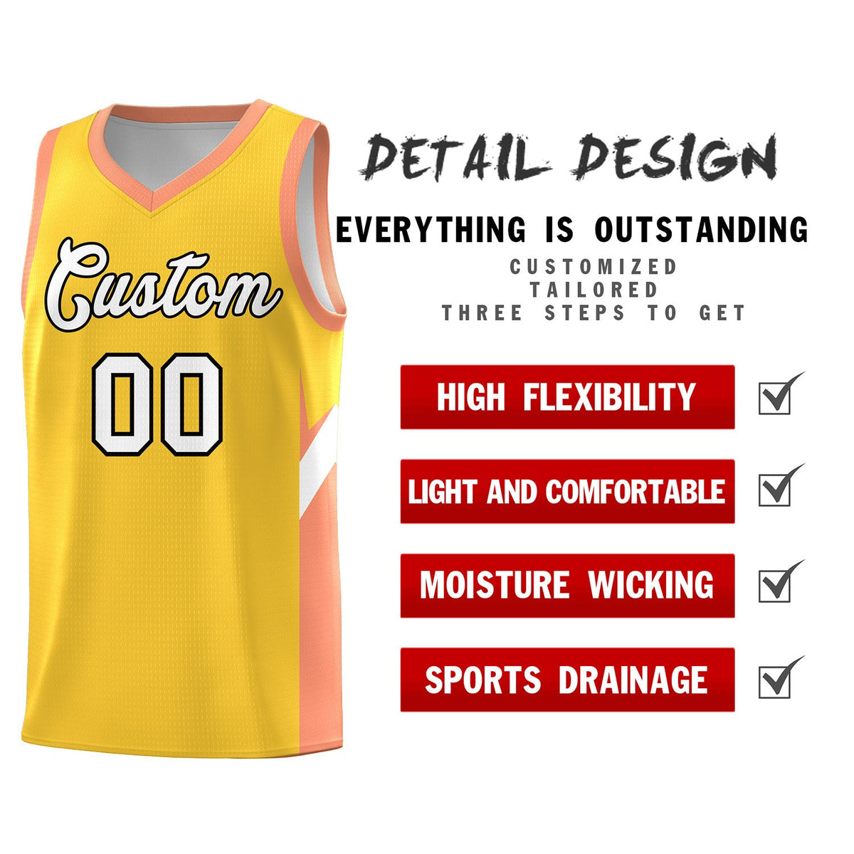 Custom Gold Orange Side Design Sets Sports Uniform Basketball Jersey