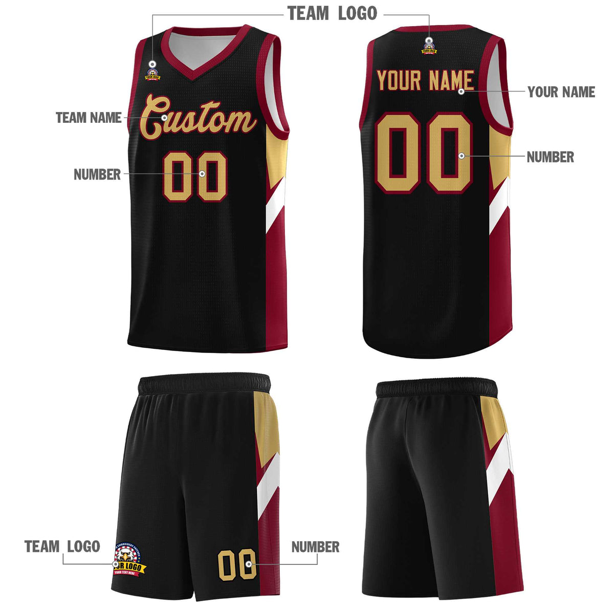 Custom Black Crimson Side Design Sets Sports Uniform Basketball Jersey
