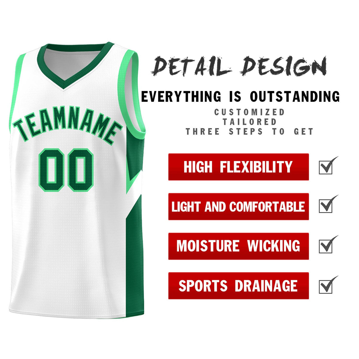 Custom White Kelly Green Side Design Sets Sports Uniform Basketball Jersey