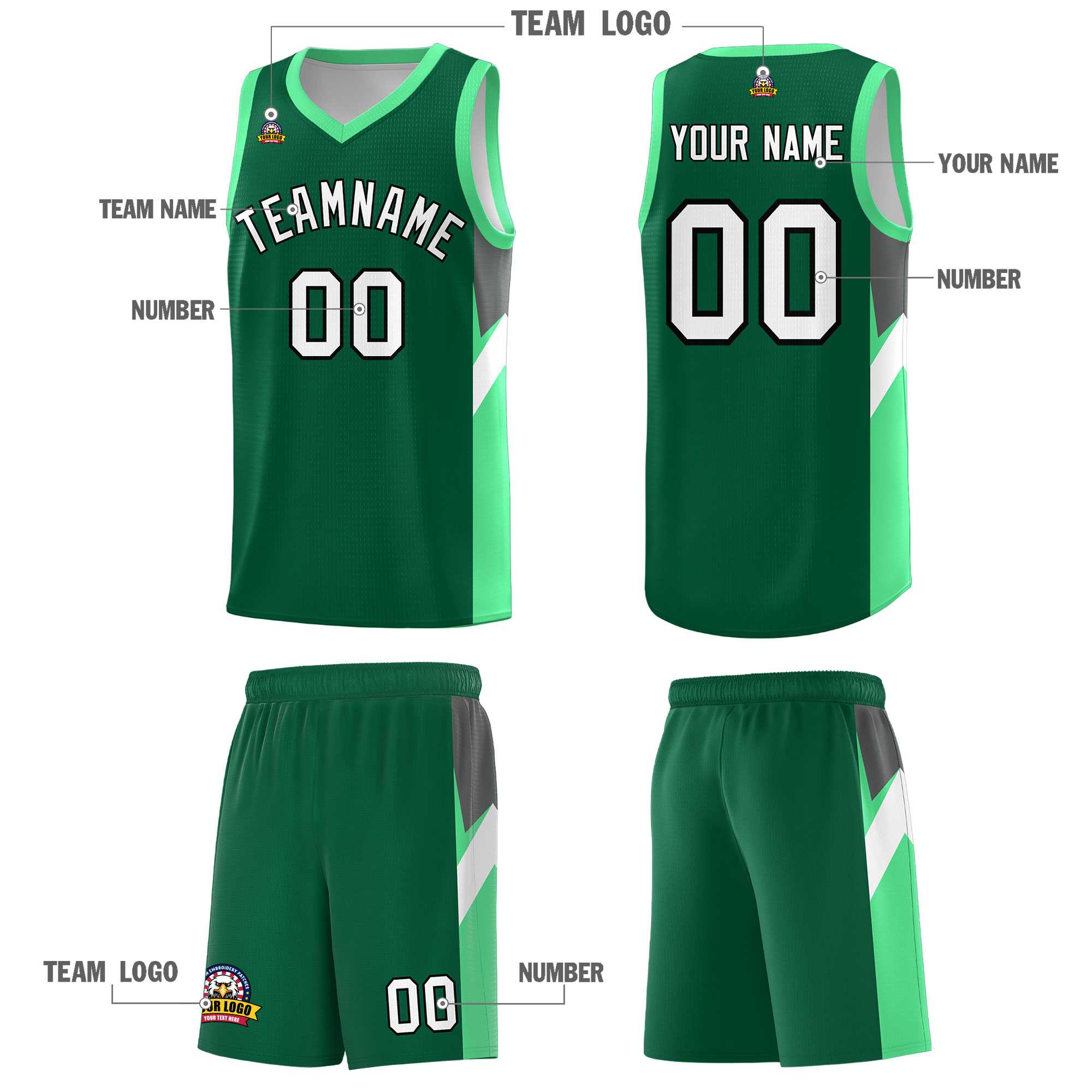 Custom Kelly Green Bright Green Side Design Sets Sports Uniform Basketball Jersey
