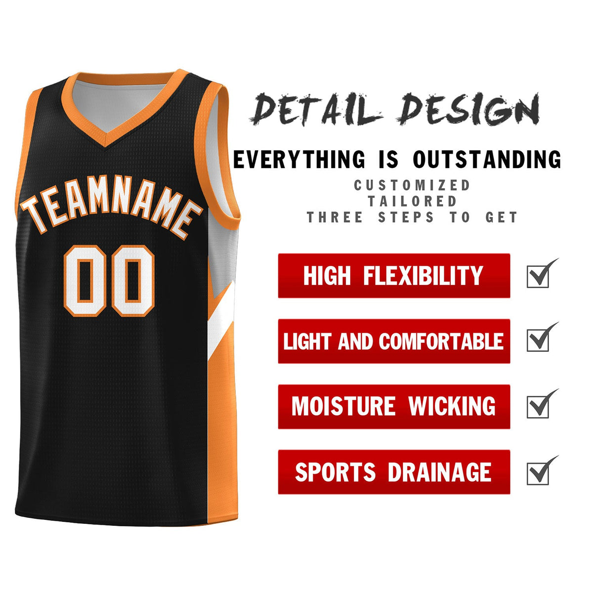 Custom Black Gold Orange Side Design Sets Sports Uniform Basketball Jersey
