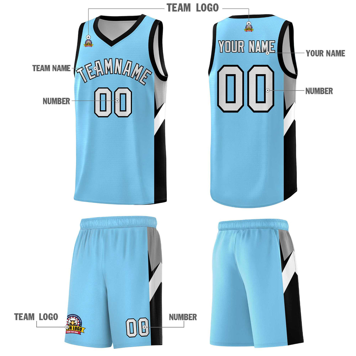 Custom Light Blue Black Side Design Sets Sports Uniform Basketball Jersey
