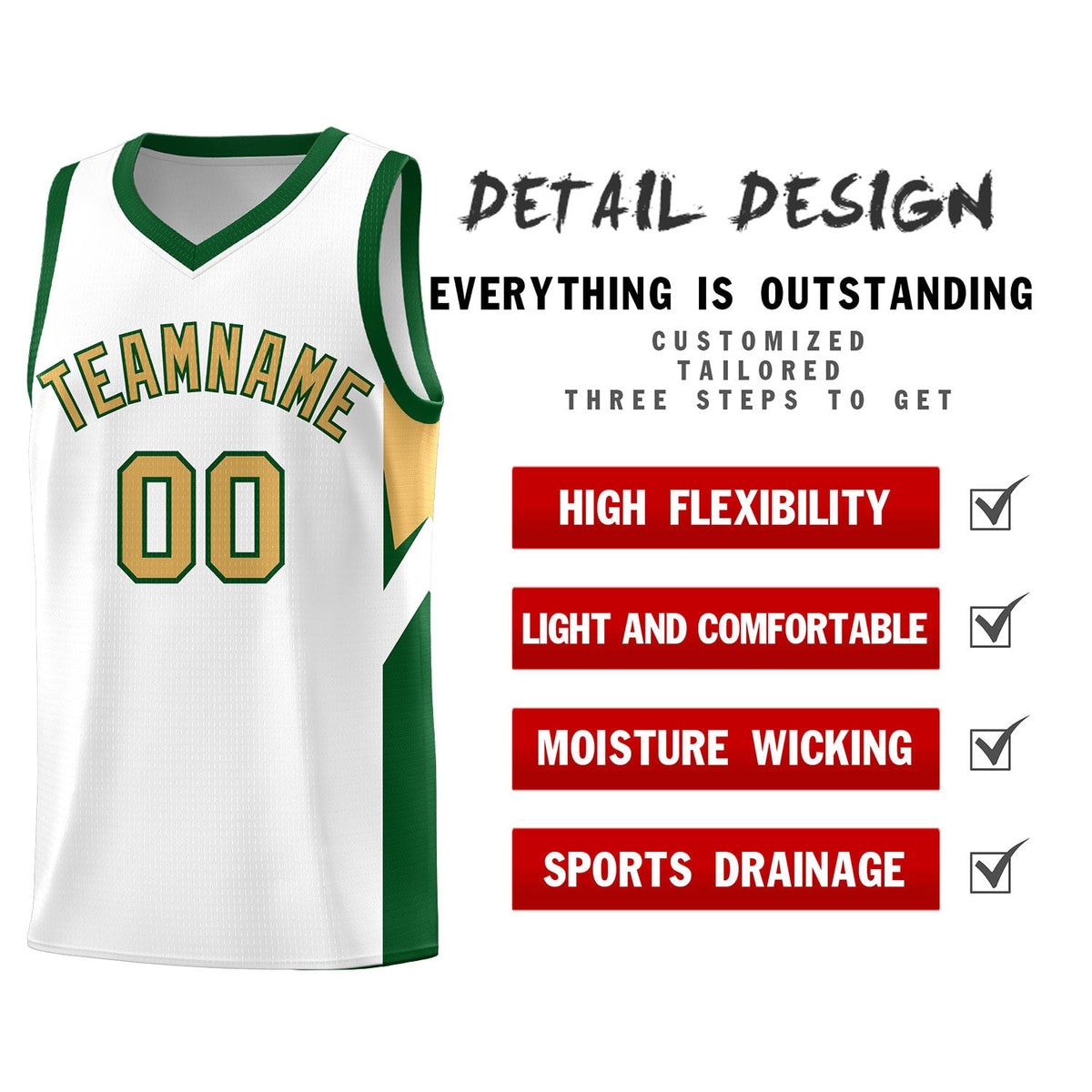 Custom White Green Side Design Sets Sports Uniform Basketball Jersey