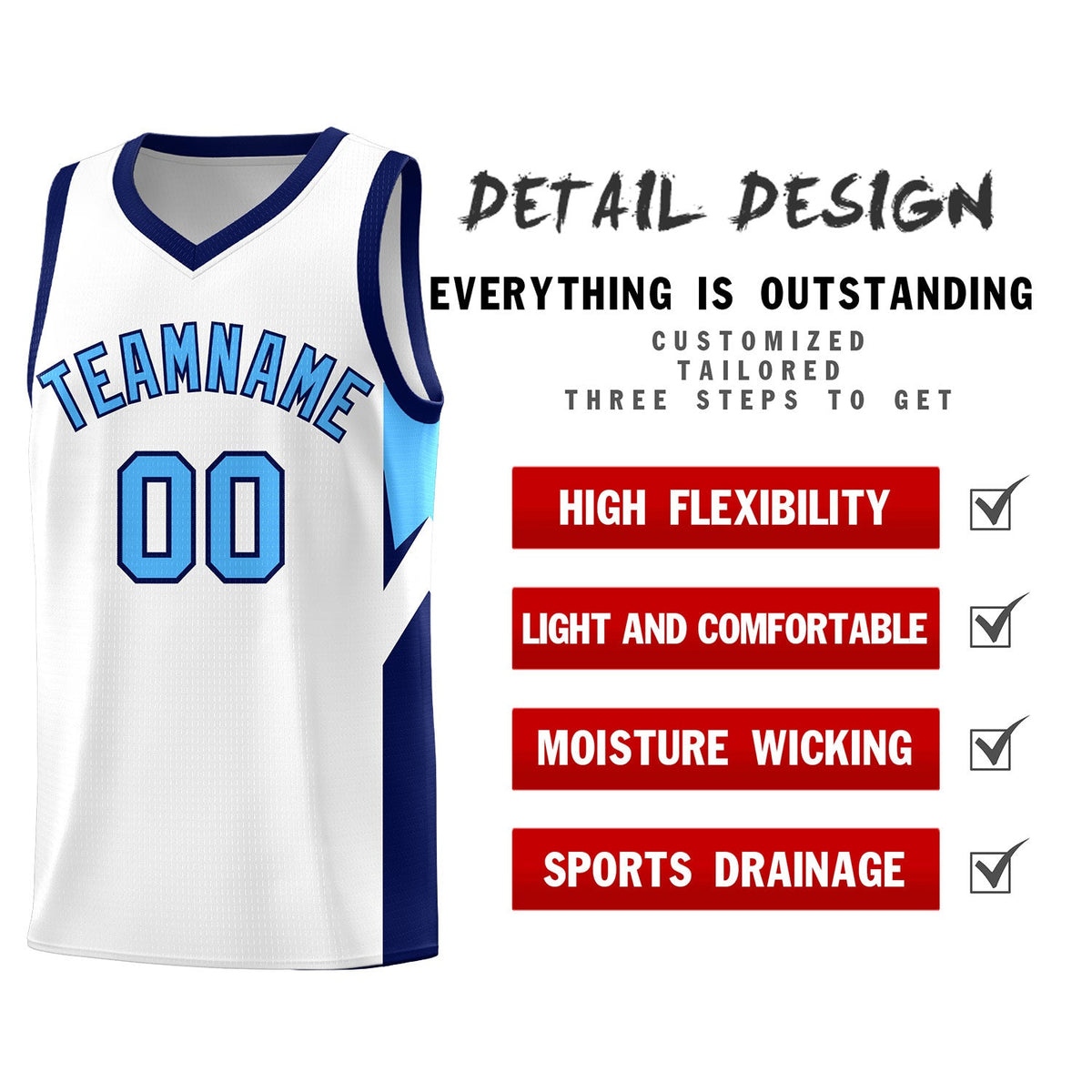 Custom White Navy Side Design Sets Sports Uniform Basketball Jersey