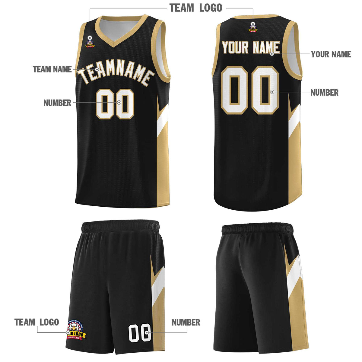 Custom Black Old Gold Side Design Sets Sports Uniform Basketball Jersey