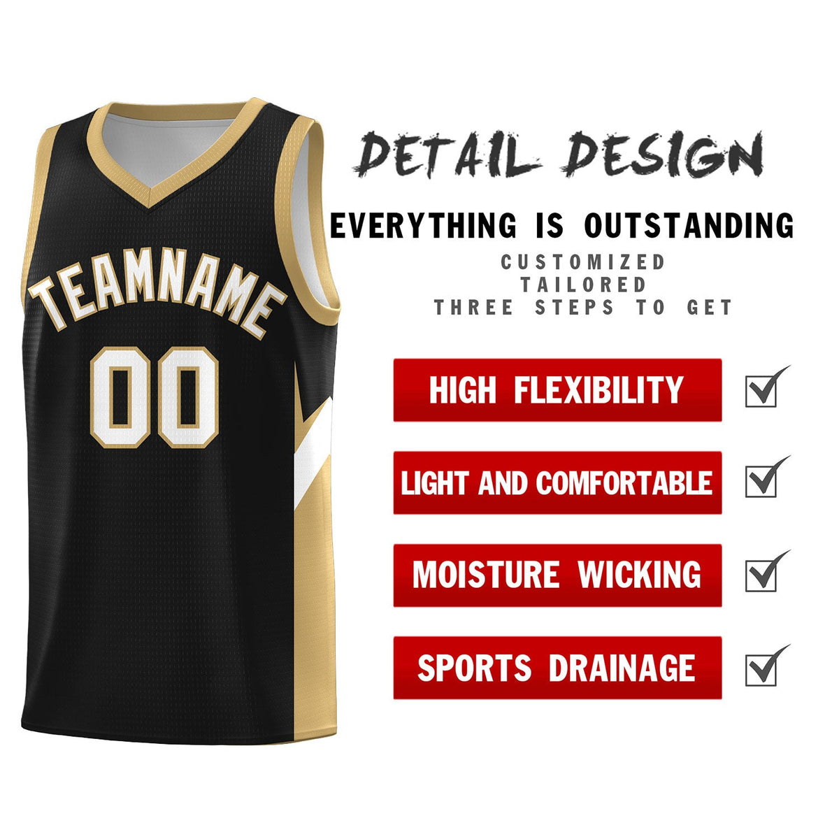 Custom Black Old Gold Side Design Sets Sports Uniform Basketball Jersey