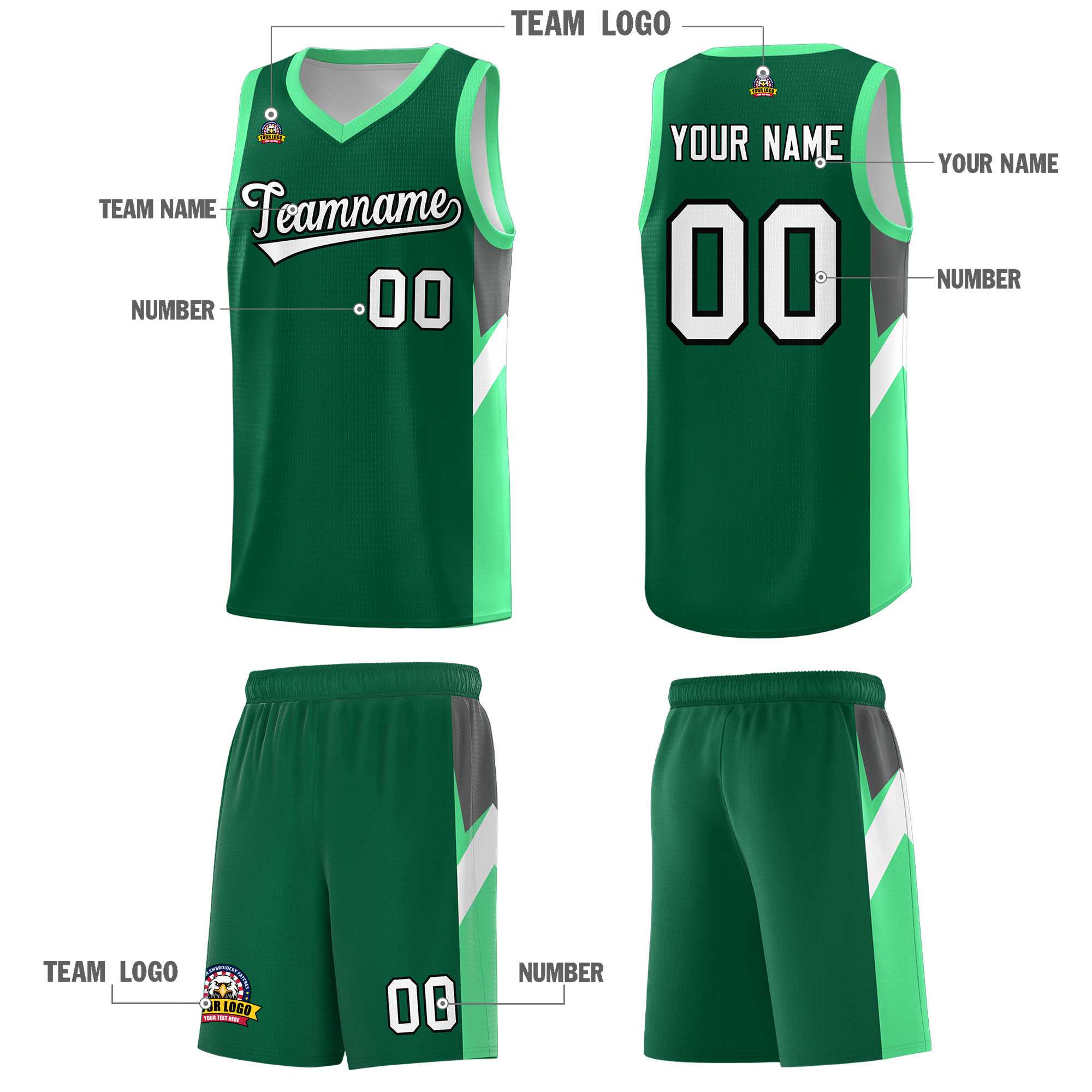 Custom Kelly Green Bright Green Side Design Sets Sports Uniform Basketball Jersey