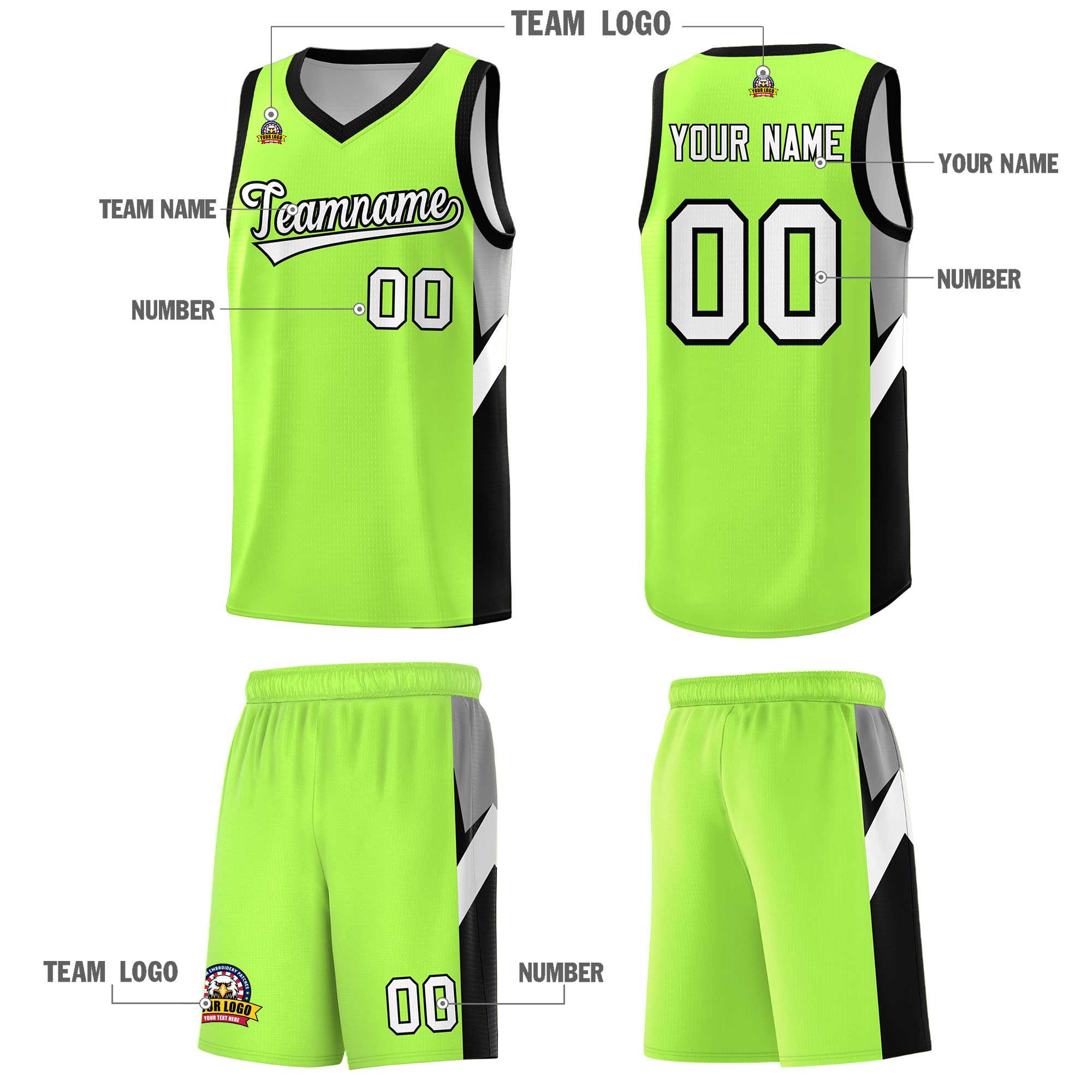 Custom Fluorescent Green Black Side Design Sets Sports Uniform Basketball Jersey